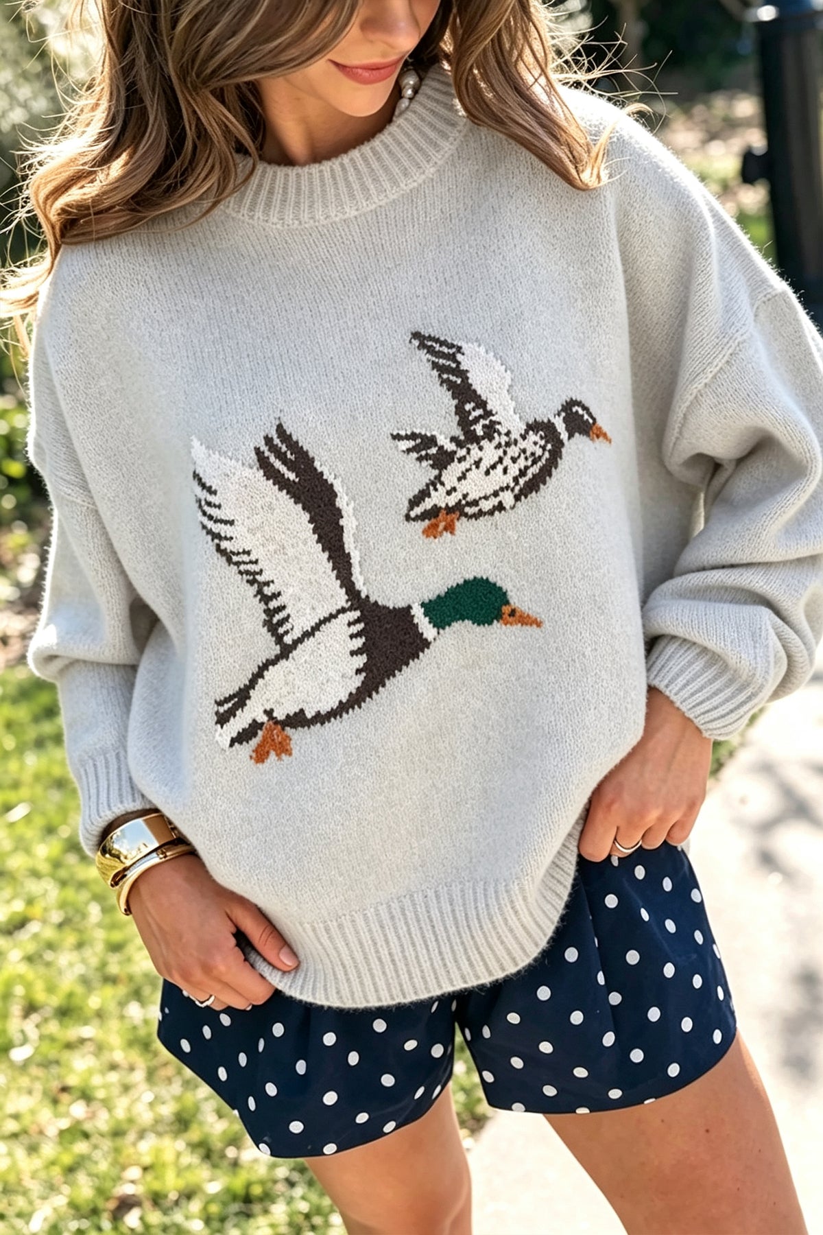 Laurel Green Flying Mallard Pattern Round Neck Drop Shoulder Knit Sweater-TOPS / DRESSES-[Adult]-[Female]-Light Grey-S-2022 Online Blue Zone Planet