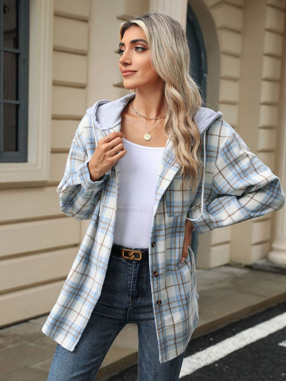 Drawstring Plaid Button Up Hooded Jacket-TOPS / DRESSES-[Adult]-[Female]-2022 Online Blue Zone Planet