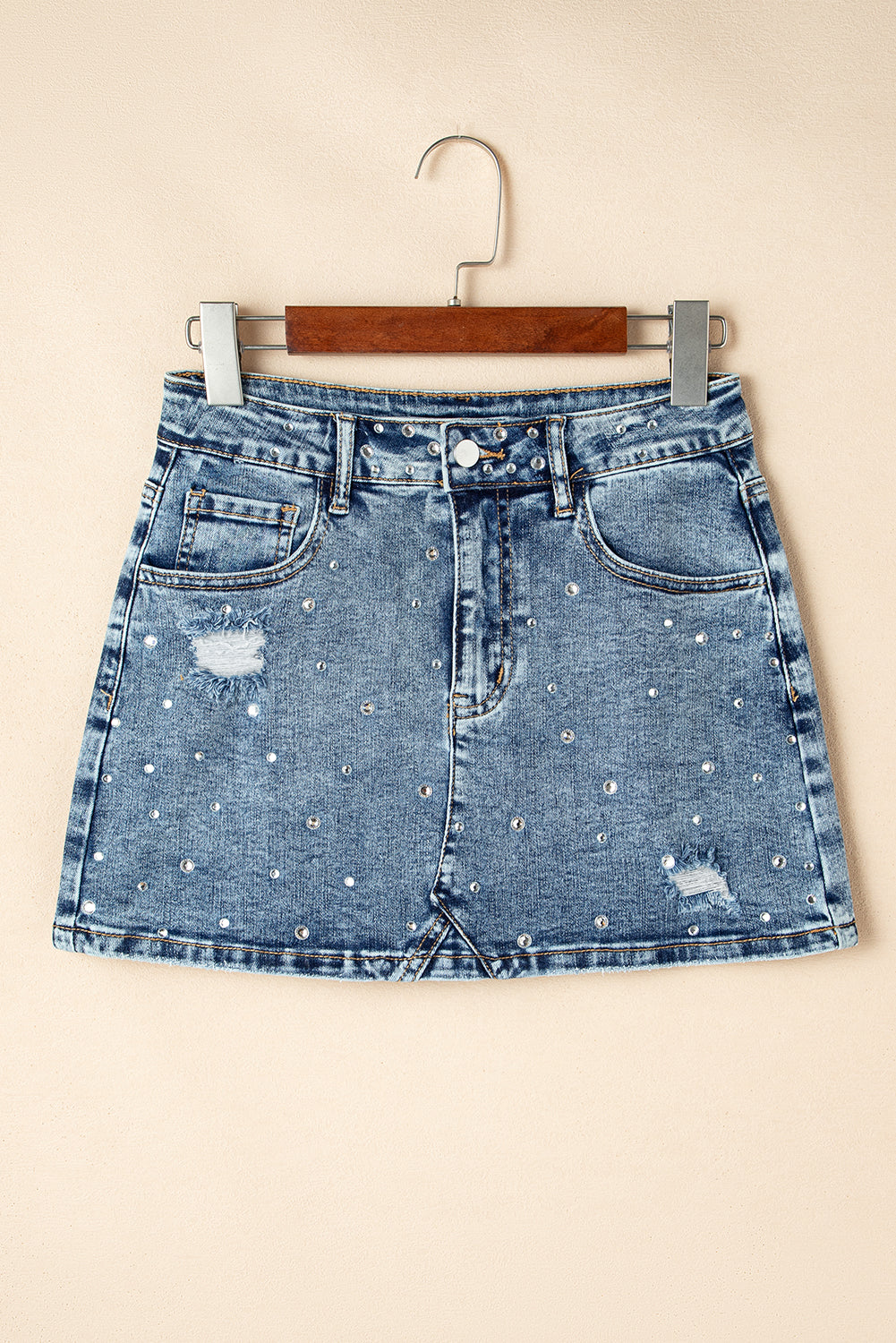 Dusk Blue Rhinestone Distressed Denim High Waist Mini Skirt-Bottoms/Skirts & Petticoat-[Adult]-[Female]-2022 Online Blue Zone Planet