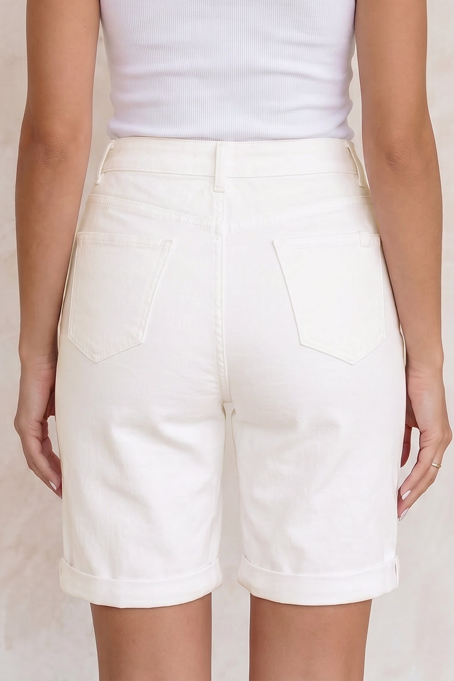 White Solid Color Rolled Cuffs Denim Bermuda Shorts-Bottoms/Denim Shorts-[Adult]-[Female]-2022 Online Blue Zone Planet
