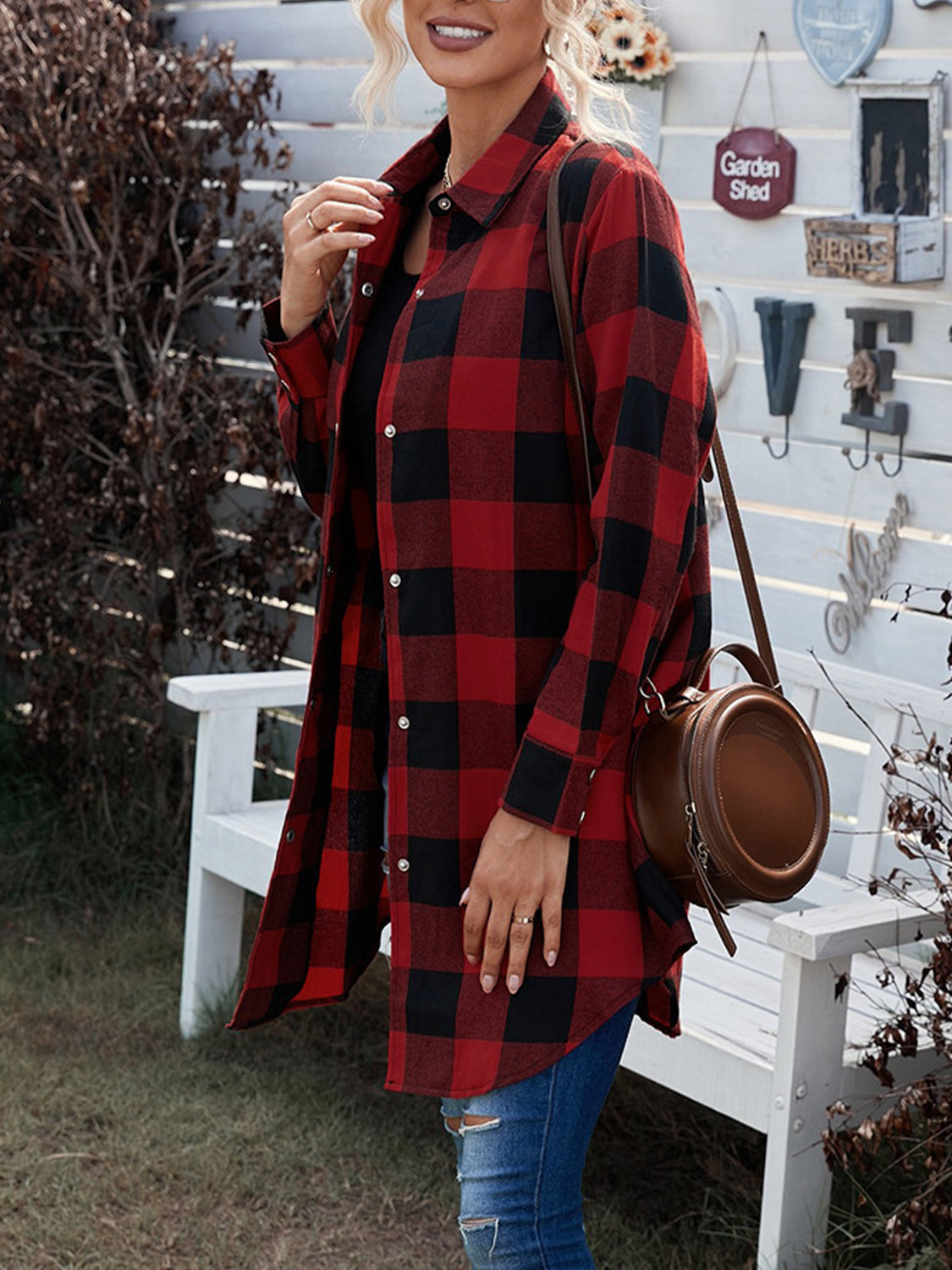 Blue Zone Planet | Plaid Snap Down Long Sleeve Jacket-TOPS / DRESSES-[Adult]-[Female]-Burgundy-S-2022 Online Blue Zone Planet