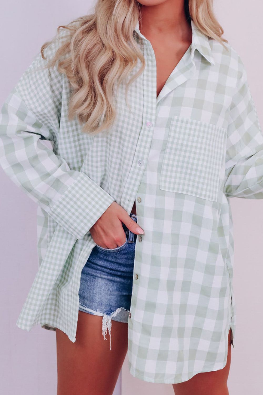 Pocketed Plaid Collared Neck Long Sleeve Shirt-TOPS / DRESSES-[Adult]-[Female]-Sage-S-2022 Online Blue Zone Planet