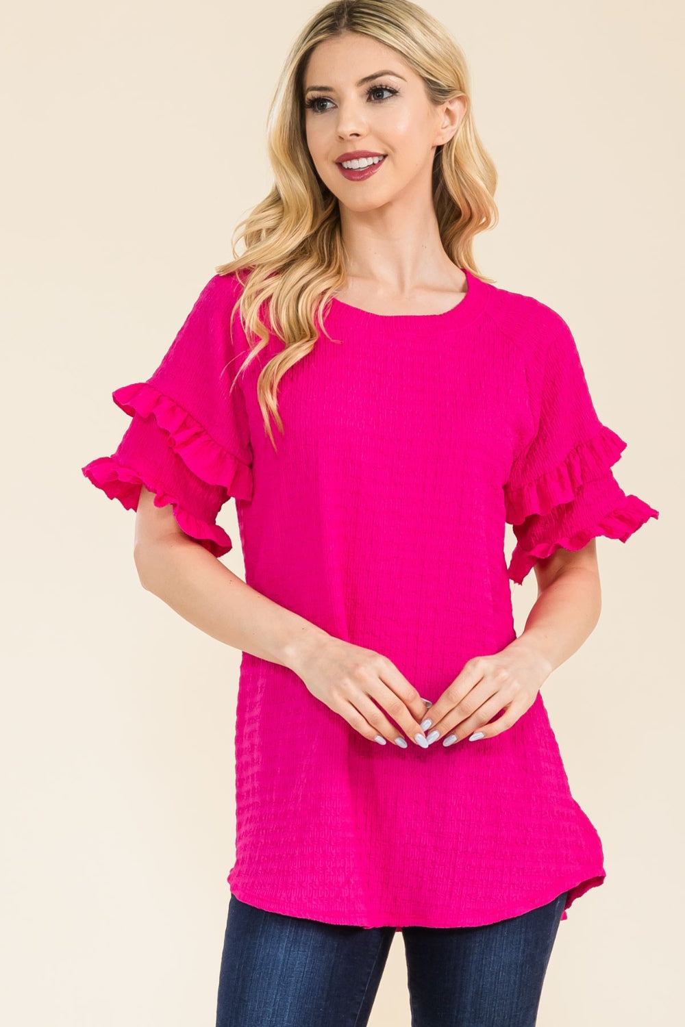 Celeste Full Size Ruffle Short Sleeve Texture Top-TOPS / DRESSES-[Adult]-[Female]-Fuchsia-S-2022 Online Blue Zone Planet