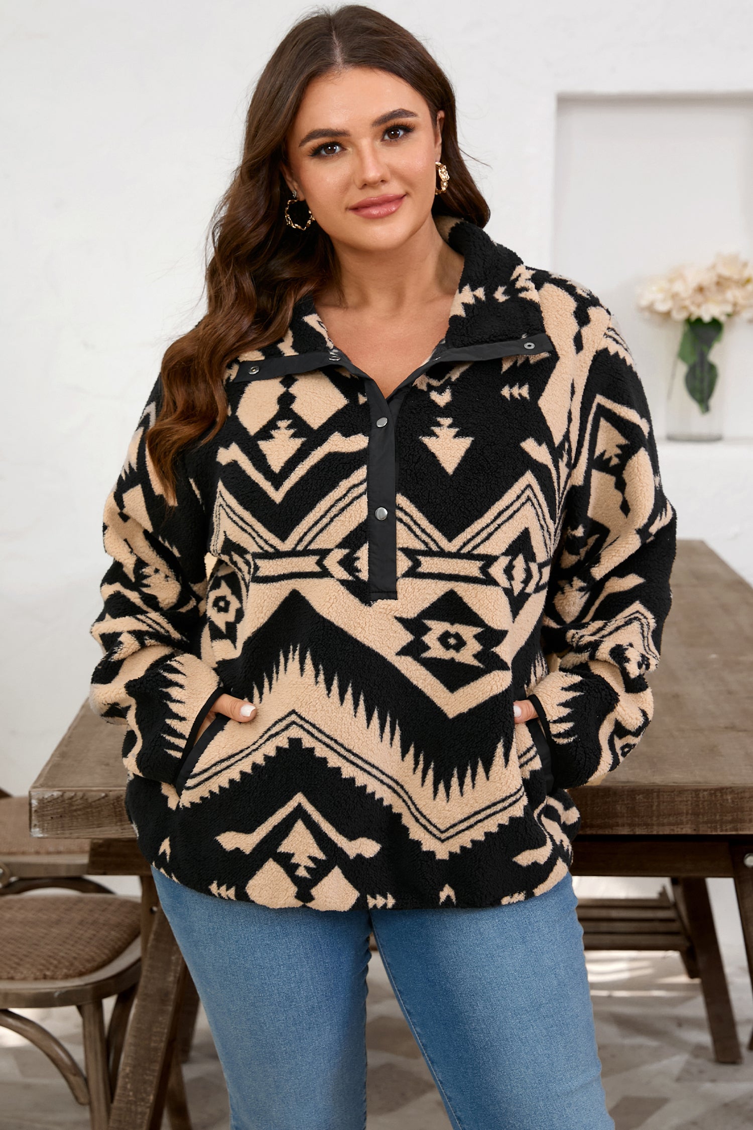 Black Plus Size Western Aztec Pattern Half Button Collared Plush Sweatshirt-Plus Size/Plus Size Sweatshirts & Hoodies-[Adult]-[Female]-2022 Online Blue Zone Planet
