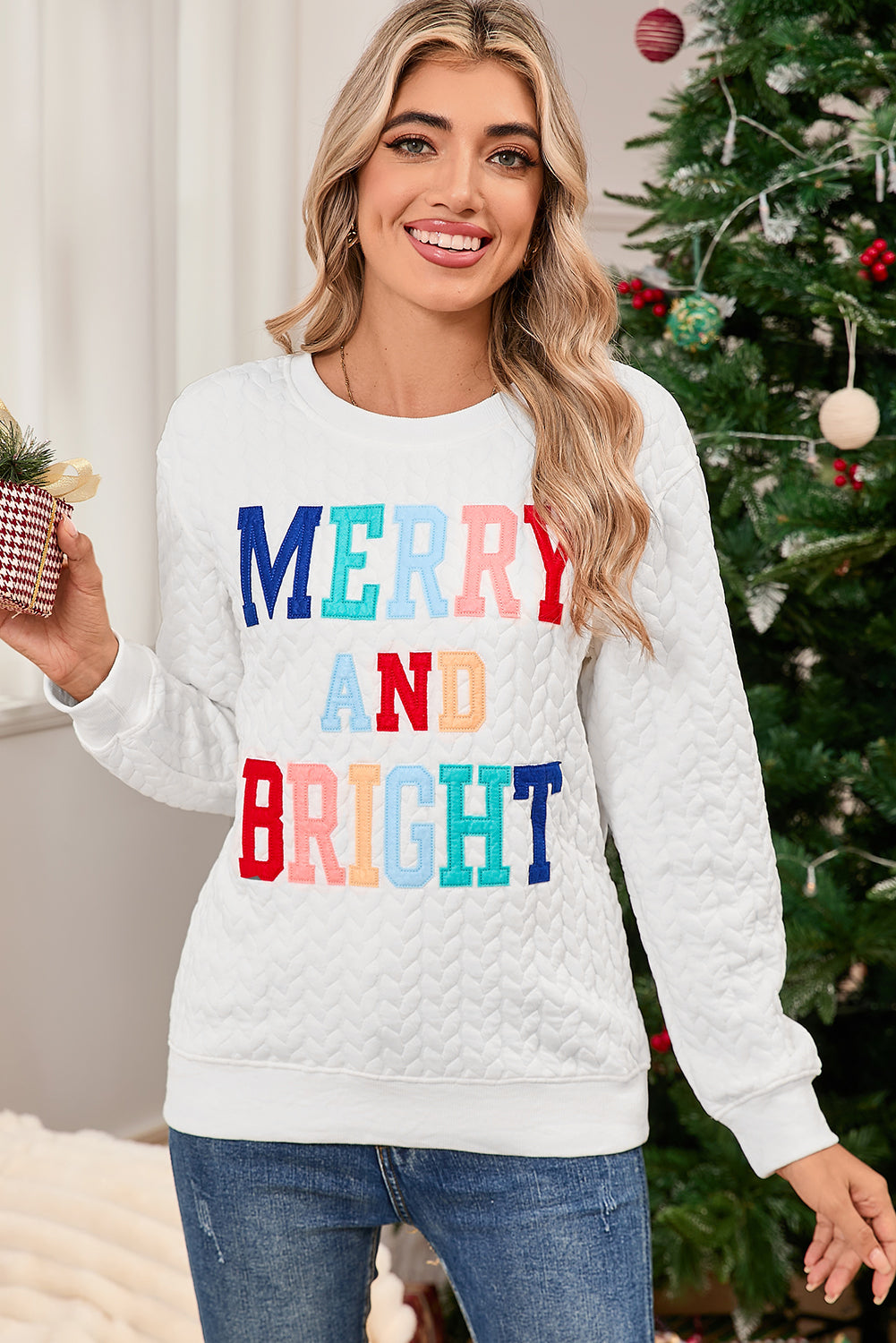 White Merry and Bright Quilted Sweatshirt-Sweatshirts & Hoodies-[Adult]-[Female]-2022 Online Blue Zone Planet