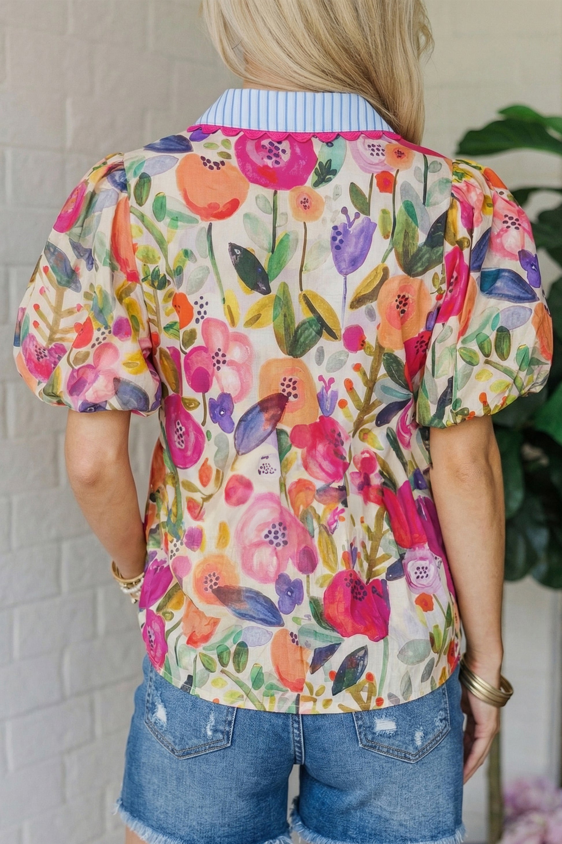 Rose Floral Print V Neck Short Puff Sleeve Cotton Blouse-Tops/Blouses & Shirts-[Adult]-[Female]-2022 Online Blue Zone Planet
