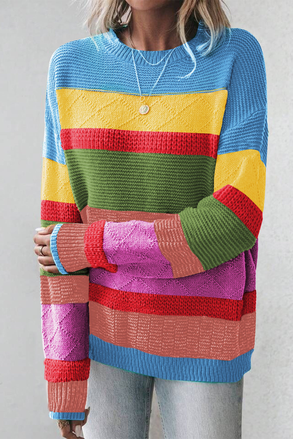 Light Blue Colorblock Mixed Textured Drop Shoulder Sweater-Sweaters & Cardigans/Sweaters-[Adult]-[Female]-2022 Online Blue Zone Planet