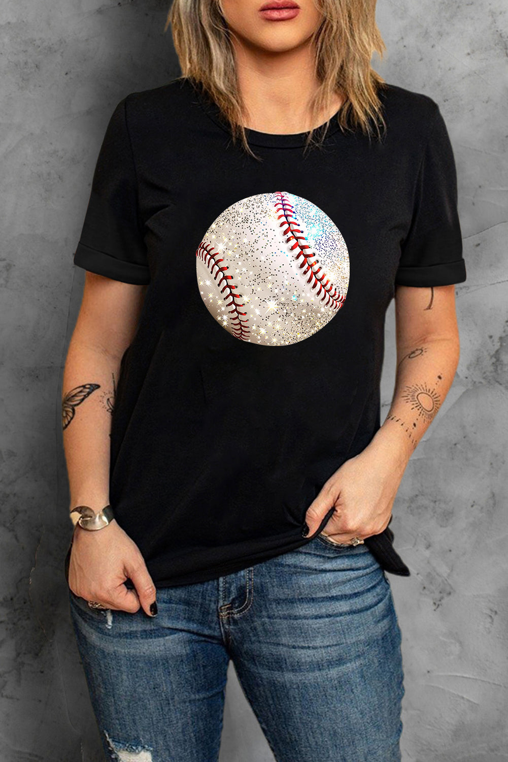 Black Heat Transfer Baseball Print Cotton Blend T Shirt-Graphic/Graphic Tees-[Adult]-[Female]-2022 Online Blue Zone Planet