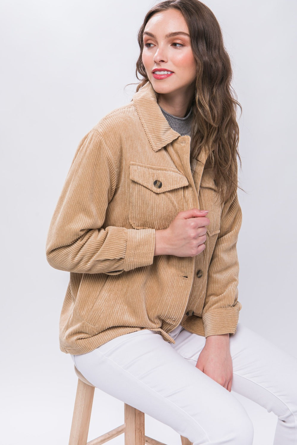 Love Tree Corduroy Button Up Jacket with Sherpa Inside-TOPS / DRESSES-[Adult]-[Female]-2022 Online Blue Zone Planet