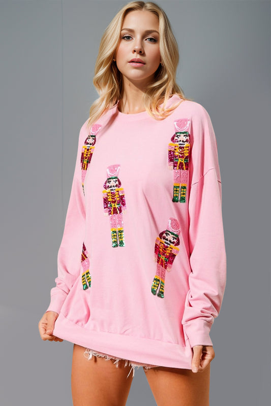 Blue Zone Planet | Double Take Sequin Nutcracker Round Neck Long Sleeve Sweatshirt-TOPS / DRESSES-[Adult]-[Female]-Pink-S-2022 Online Blue Zone Planet