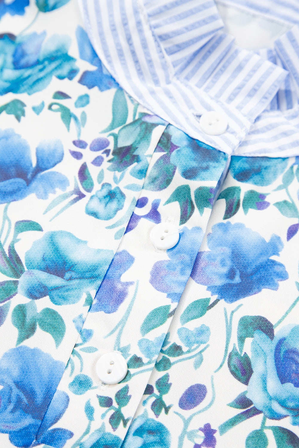 Sky Blue Floral Print Striped Patchwork Collared Short Sleeve Blouse-Tops/Blouses & Shirts-[Adult]-[Female]-2022 Online Blue Zone Planet