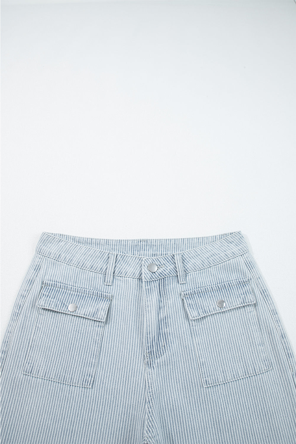 Sky Blue Stripe Button Flap Pocket Cuffed Hem Wide Leg Jeans-Bottoms/Jeans-[Adult]-[Female]-2022 Online Blue Zone Planet