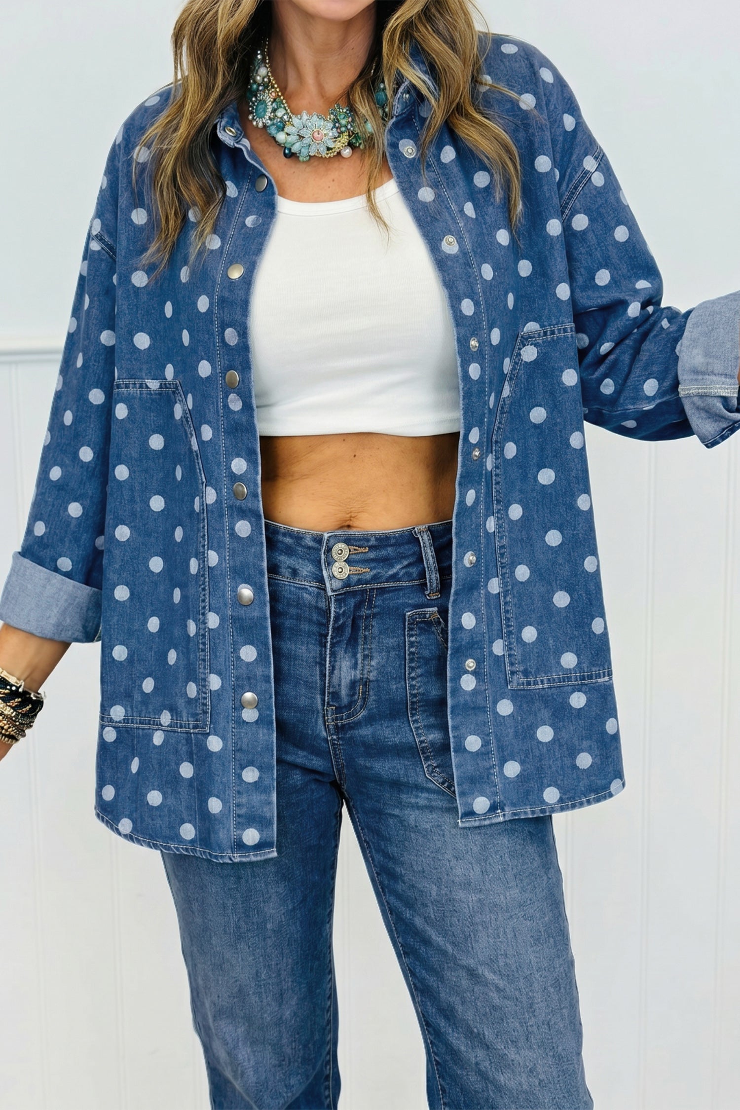 Blue Polka Dot Long Sleeve Collar Shift Tunic Denim Jacket-Outerwear/Denim jackets-[Adult]-[Female]-2022 Online Blue Zone Planet
