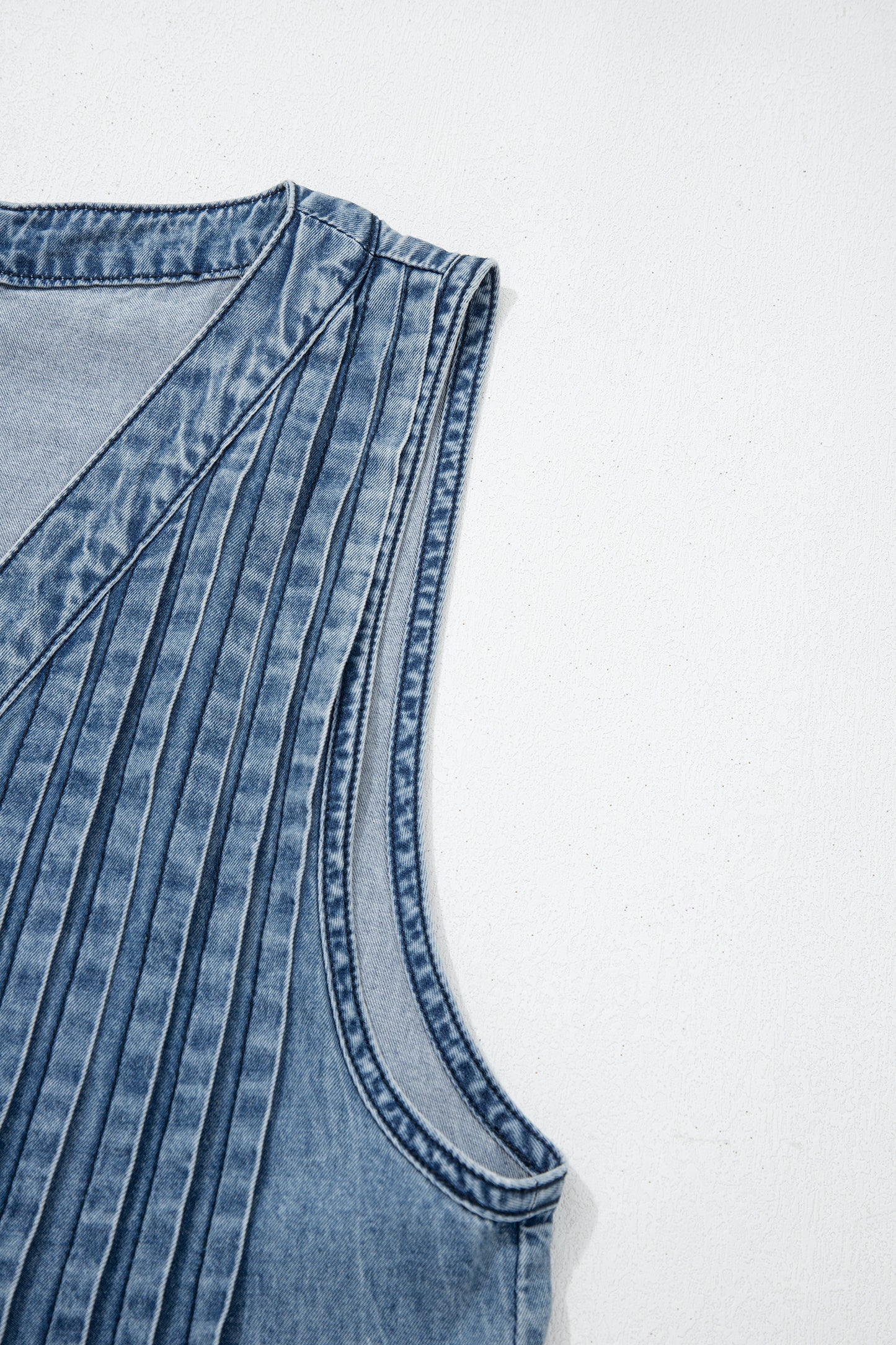 Dusk Blue Acid Wash Pintuck Tie V Neck Denim Wide Leg Jumpsuit-Bottoms/Jumpsuits & Rompers-[Adult]-[Female]-2022 Online Blue Zone Planet