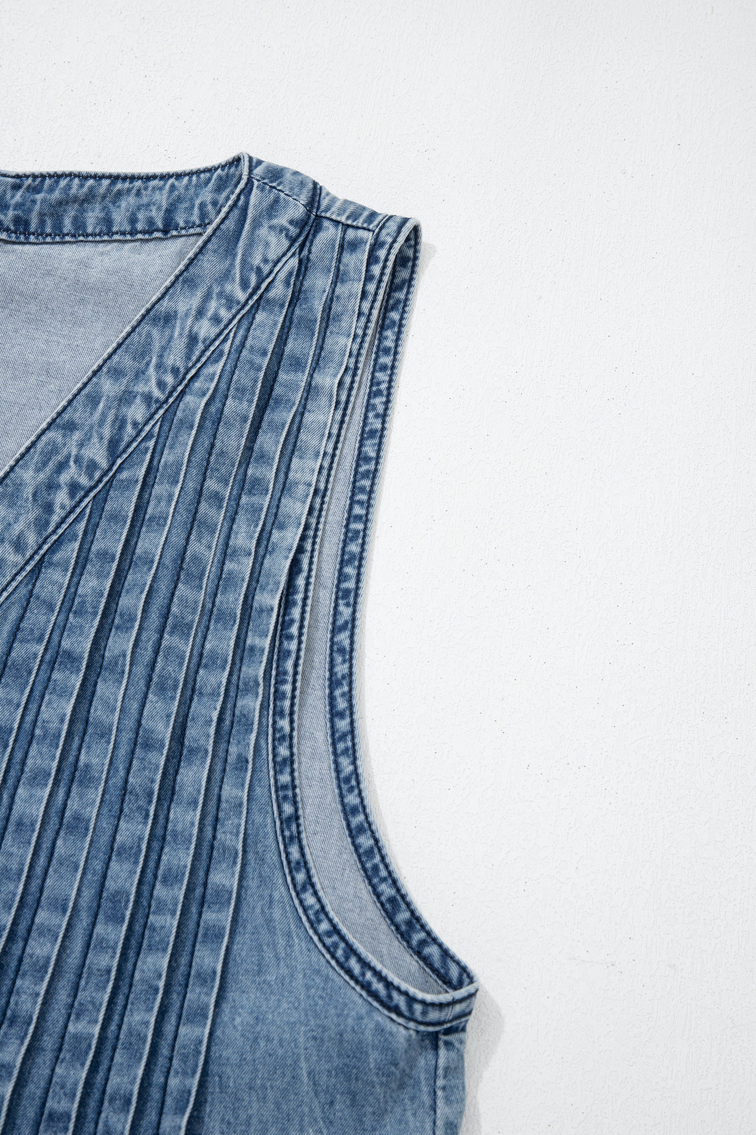 Dusk Blue Acid Wash Pintuck Tie V Neck Denim Wide Leg Jumpsuit-Bottoms/Jumpsuits & Rompers-[Adult]-[Female]-2022 Online Blue Zone Planet