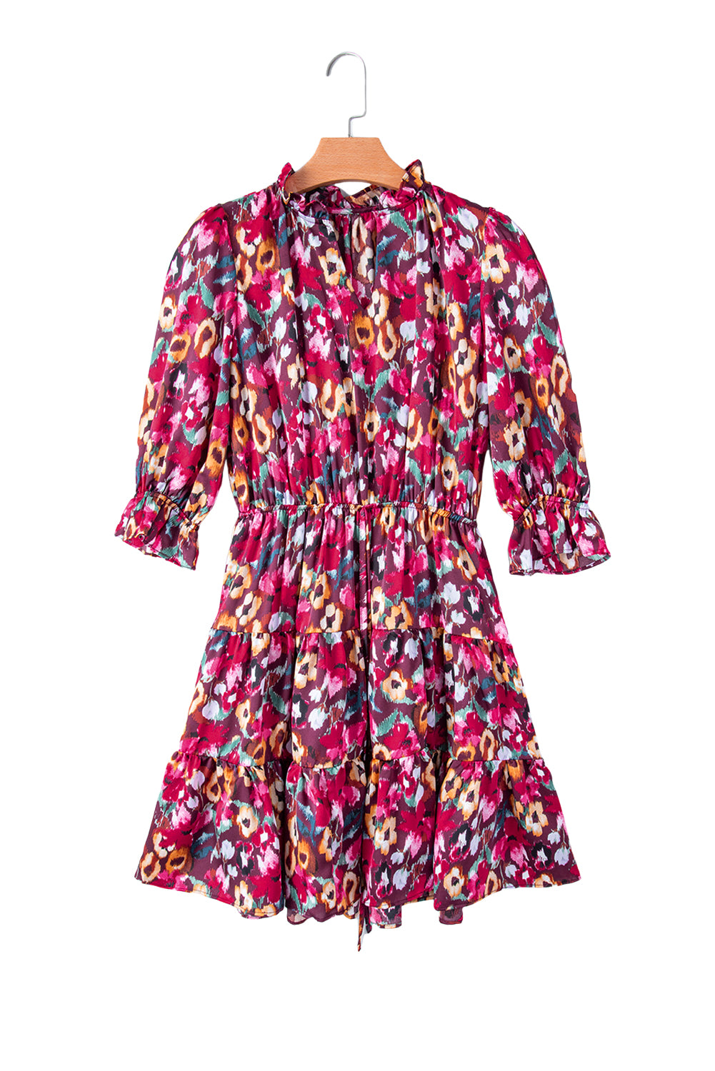 Blue Zone Planet | Rose Red Floral Print Tiered Ruffled Half Sleeve V Neck Dress-TOPS / DRESSES-[Adult]-[Female]-2022 Online Blue Zone Planet