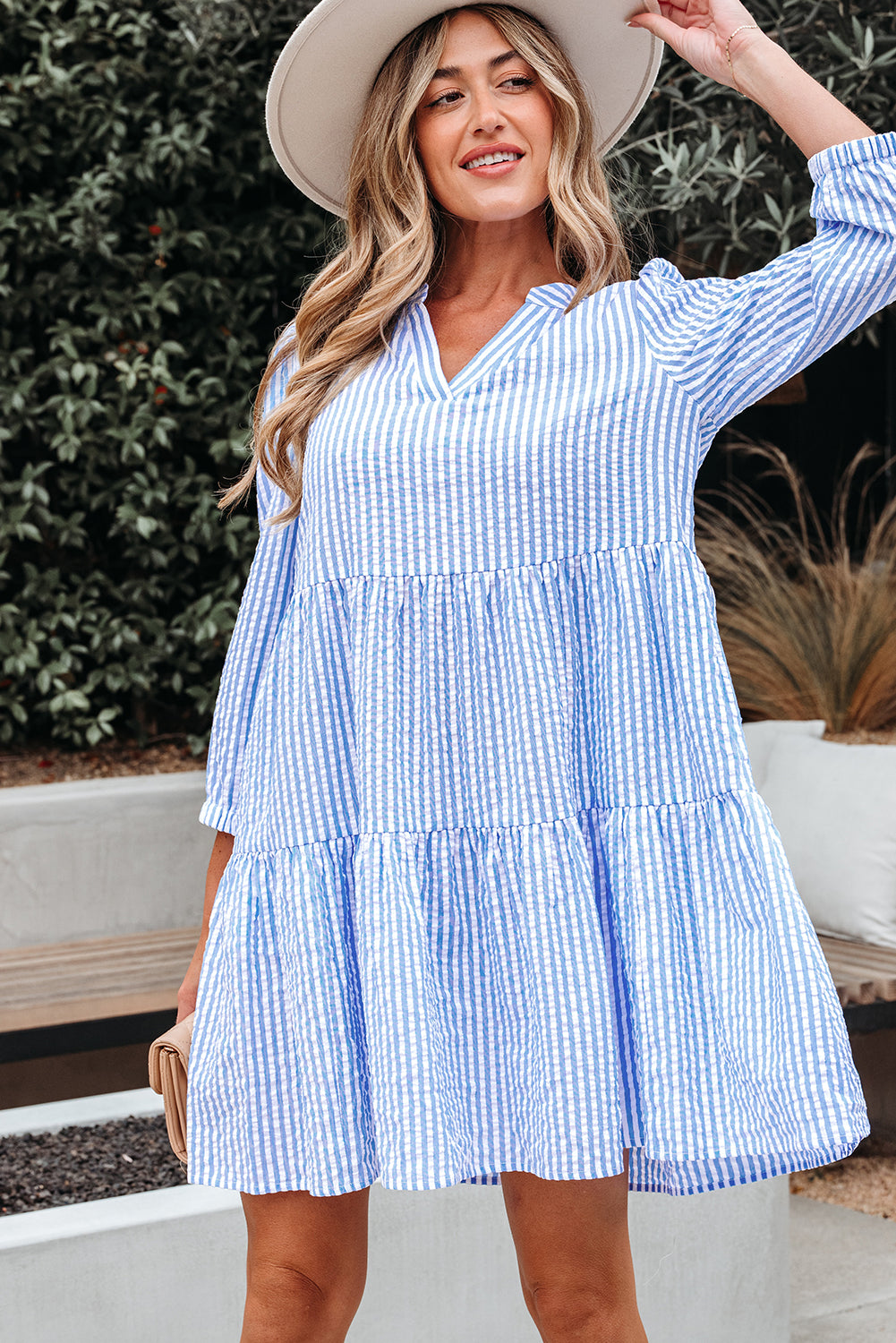 Sky Blue Stripe Bracelet Sleeve Tiered Shift Dress with Pockets-TOPS / DRESSES-[Adult]-[Female]-2022 Online Blue Zone Planet