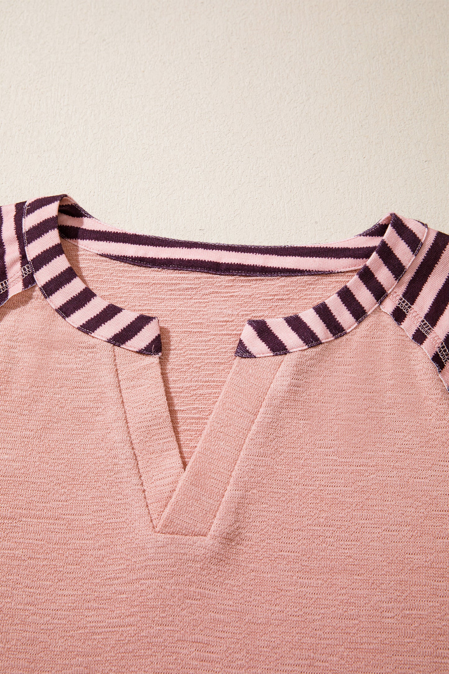 Light Pink V Neck Colorblock Patchwork Striped Floral Long Sleeve Casual Top
