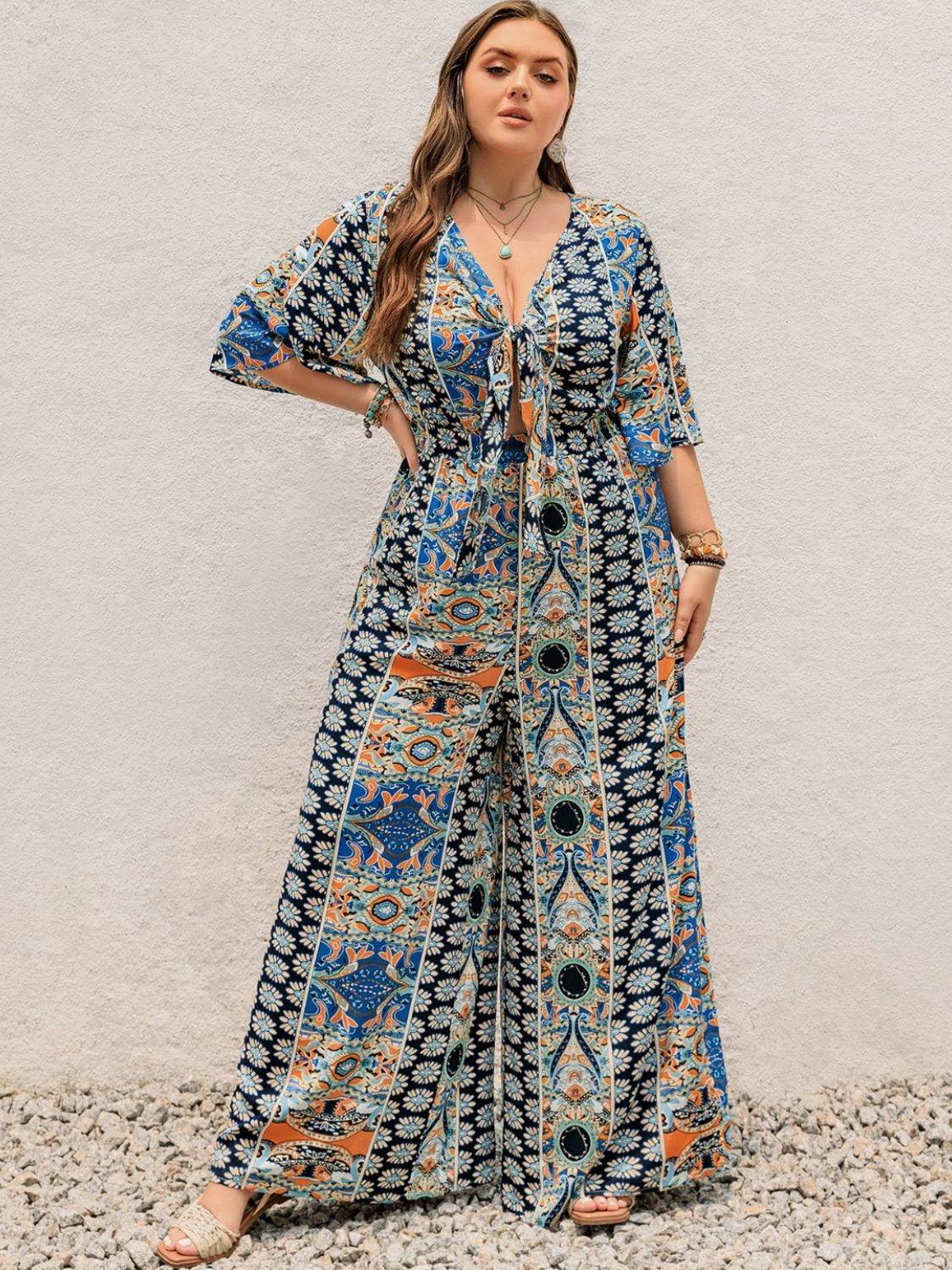 Blue Zone Planet | Plus Size Printed Half Sleeve Wide Leg Jumpsuit-TOPS / DRESSES-[Adult]-[Female]-2022 Online Blue Zone Planet