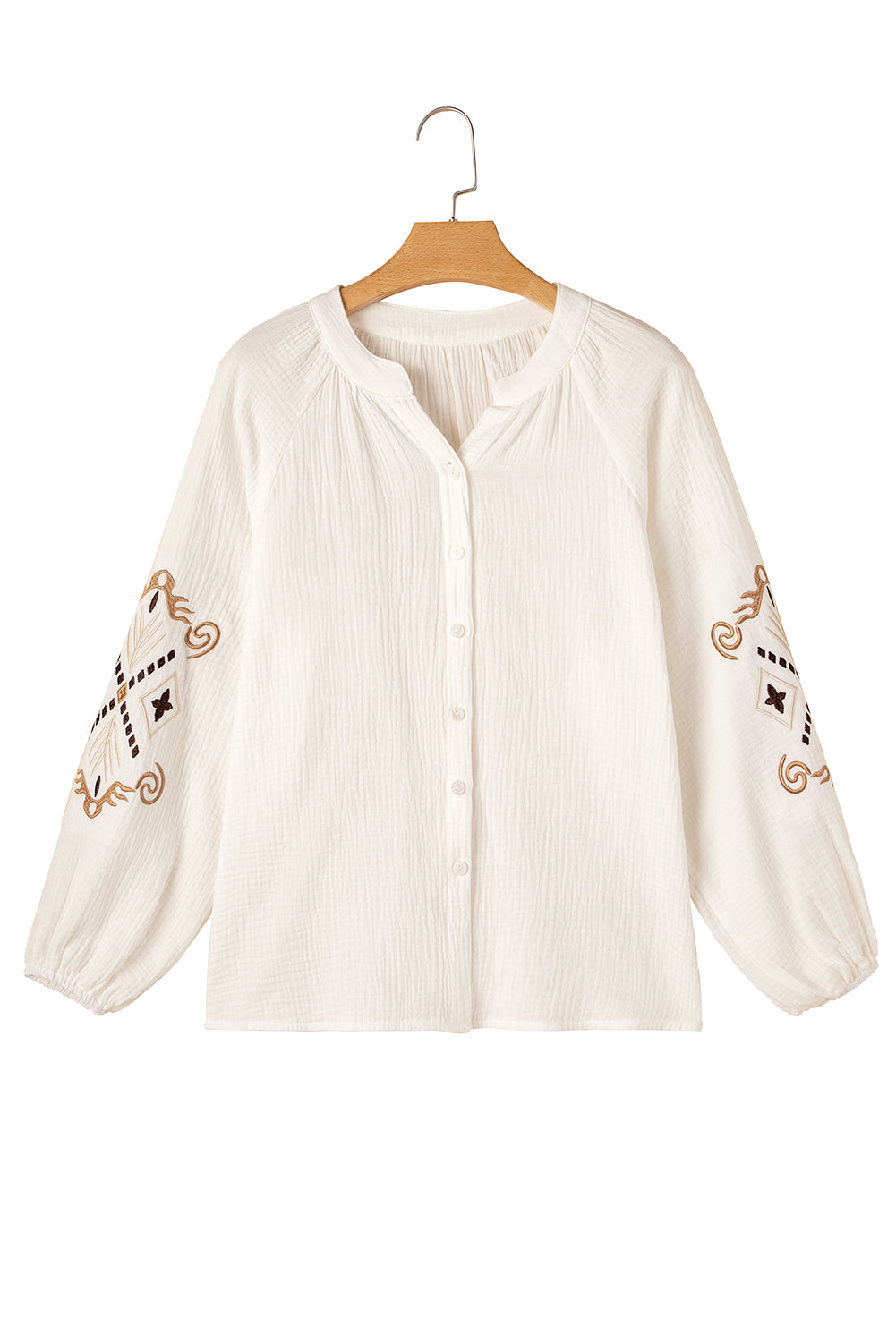 Blue Zone Planet | White Embroidered Textured Buttoned Crew Neck Shirt-Tops/Blouses & Shirts-[Adult]-[Female]-2022 Online Blue Zone Planet