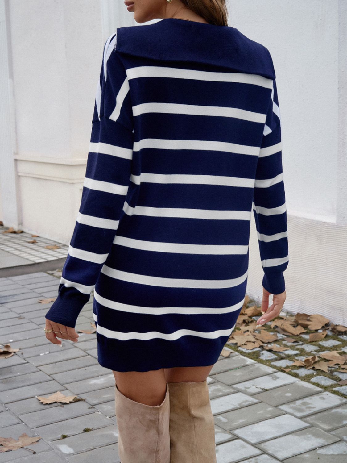 Blue Zone Planet | Devine Quarter Zip Striped Long Sleeve Sweater Dress-TOPS / DRESSES-[Adult]-[Female]-2022 Online Blue Zone Planet