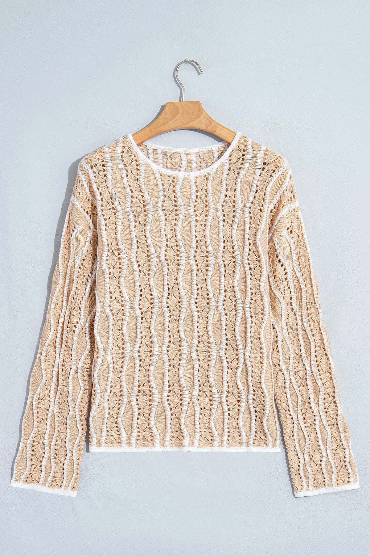 Khaki Wavy Detail Hollow Out Knit Long Sleeve Cotton Pullover Sweater-Sweaters & Cardigans/Sweaters-[Adult]-[Female]-2022 Online Blue Zone Planet