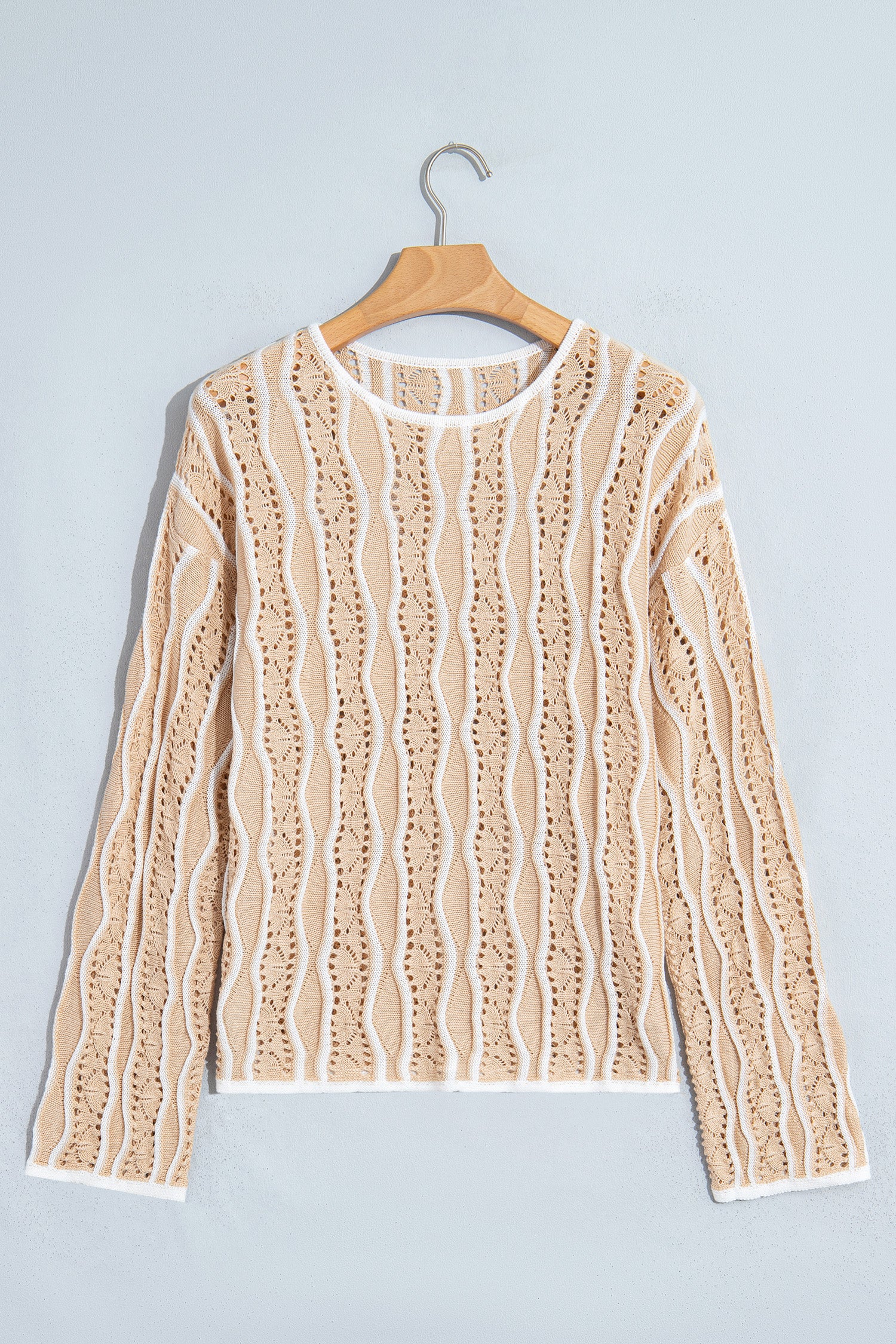 Khaki Wavy Detail Hollow Out Knit Long Sleeve Cotton Pullover Sweater-Sweaters & Cardigans/Sweaters-[Adult]-[Female]-2022 Online Blue Zone Planet
