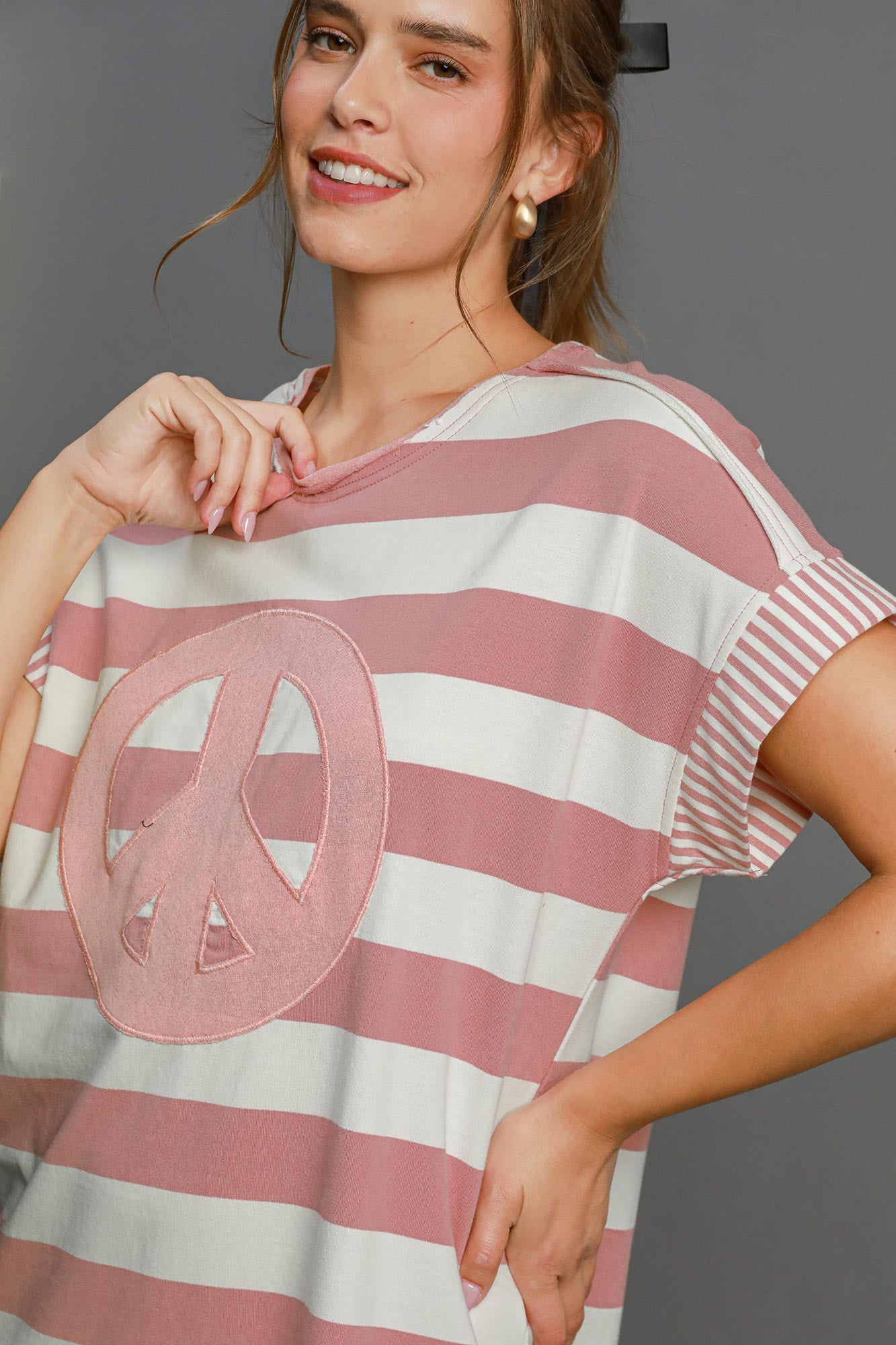 Umgee Peace Applique Striped Short Sleeve Mini Dress - Blue Zone Dusty Pink / S by Blue Zone Planet Umgee Peace Applique Striped Short Sleeve Mini Dress - Blue Zone Dusty Pink / S by Blue Zone Planet