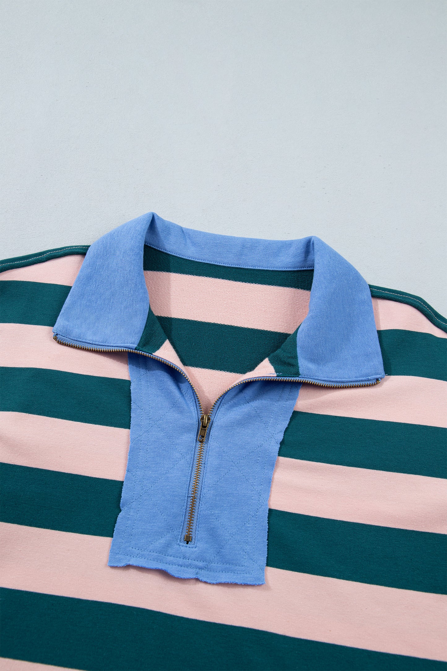 Green Stripe Quarter-Zip Metal Zipper Cover Stitch Hem Top-Tops/Long Sleeve Tops-[Adult]-[Female]-2022 Online Blue Zone Planet