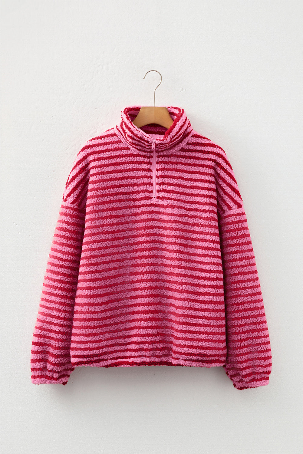 Pink Stripe Quarter Zip Fleece Oversize Sweatshirt-Tops/Sweatshirts & Hoodies-[Adult]-[Female]-2022 Online Blue Zone Planet