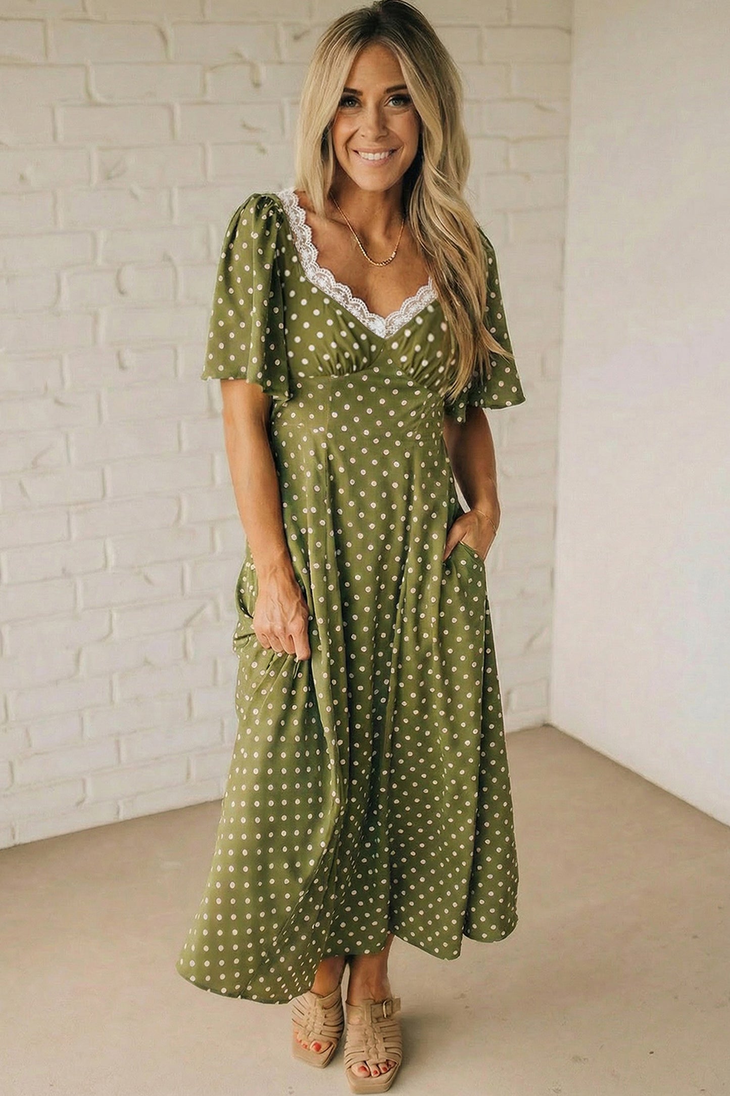 Green Polka Dot Print Lacy Neckline Smocked High Waist Maxi Dress-Dresses/Maxi Dresses-[Adult]-[Female]-2022 Online Blue Zone Planet