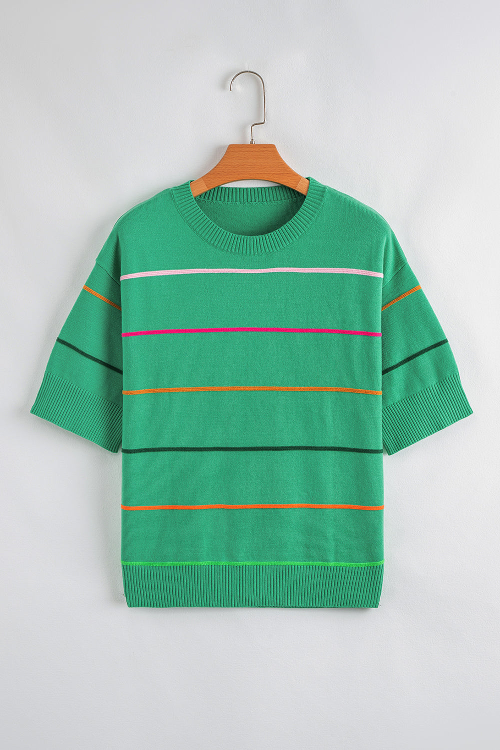 Green Colorblock Striped Half Sleeve Drop Shoulder Sweater-TOPS / DRESSES-[Adult]-[Female]-2022 Online Blue Zone Planet