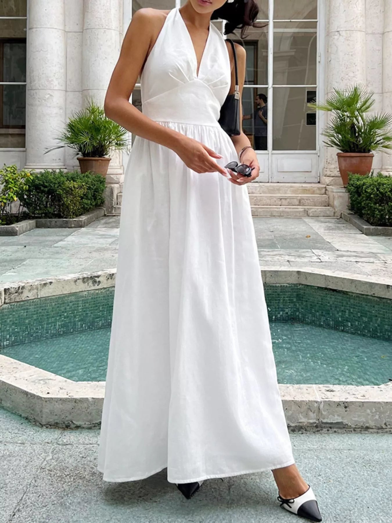 Halter Neck Flowy Maxi Dress White / M by Blue Zone Planet