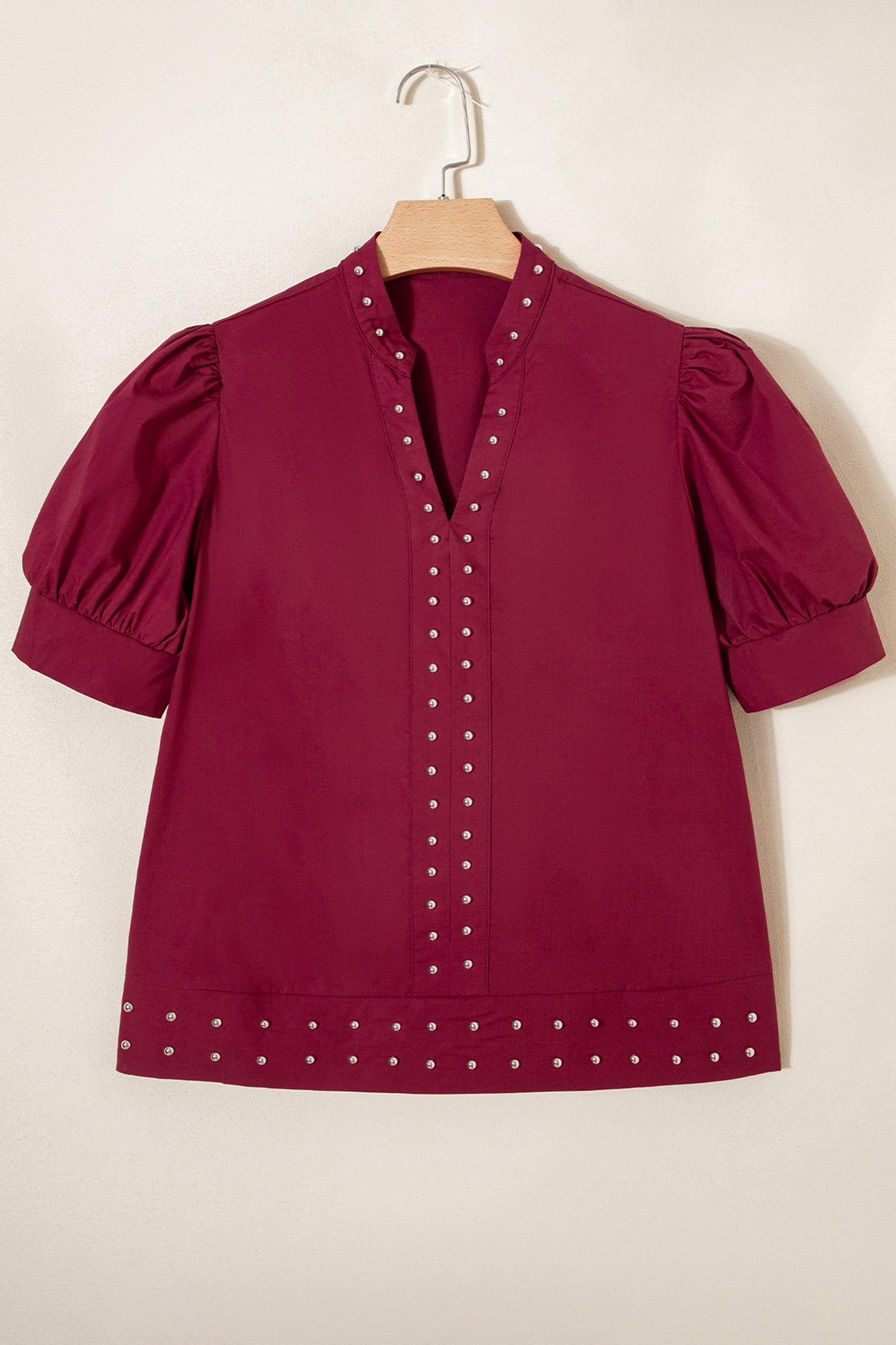 Burgundy Rivet Embellished V Neck Short Puff Sleeve Blouse-Tops/Blouses & Shirts-[Adult]-[Female]-2022 Online Blue Zone Planet
