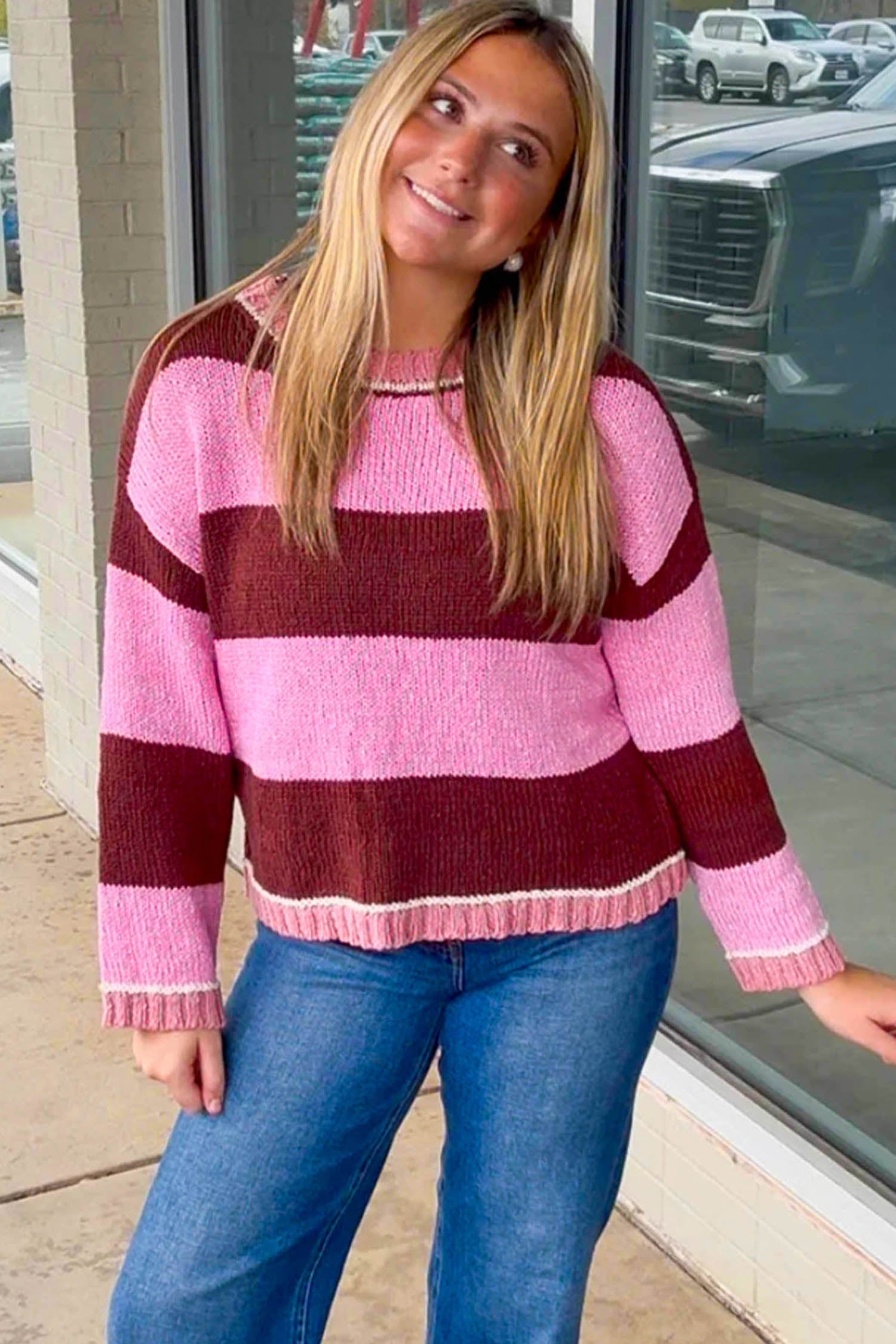 Pink Stripe Striped Drop Shoulder Long Sleeve Pullover Regular Fit Knit Sweater-Sweaters & Cardigans/Sweaters-[Adult]-[Female]-2022 Online Blue Zone Planet