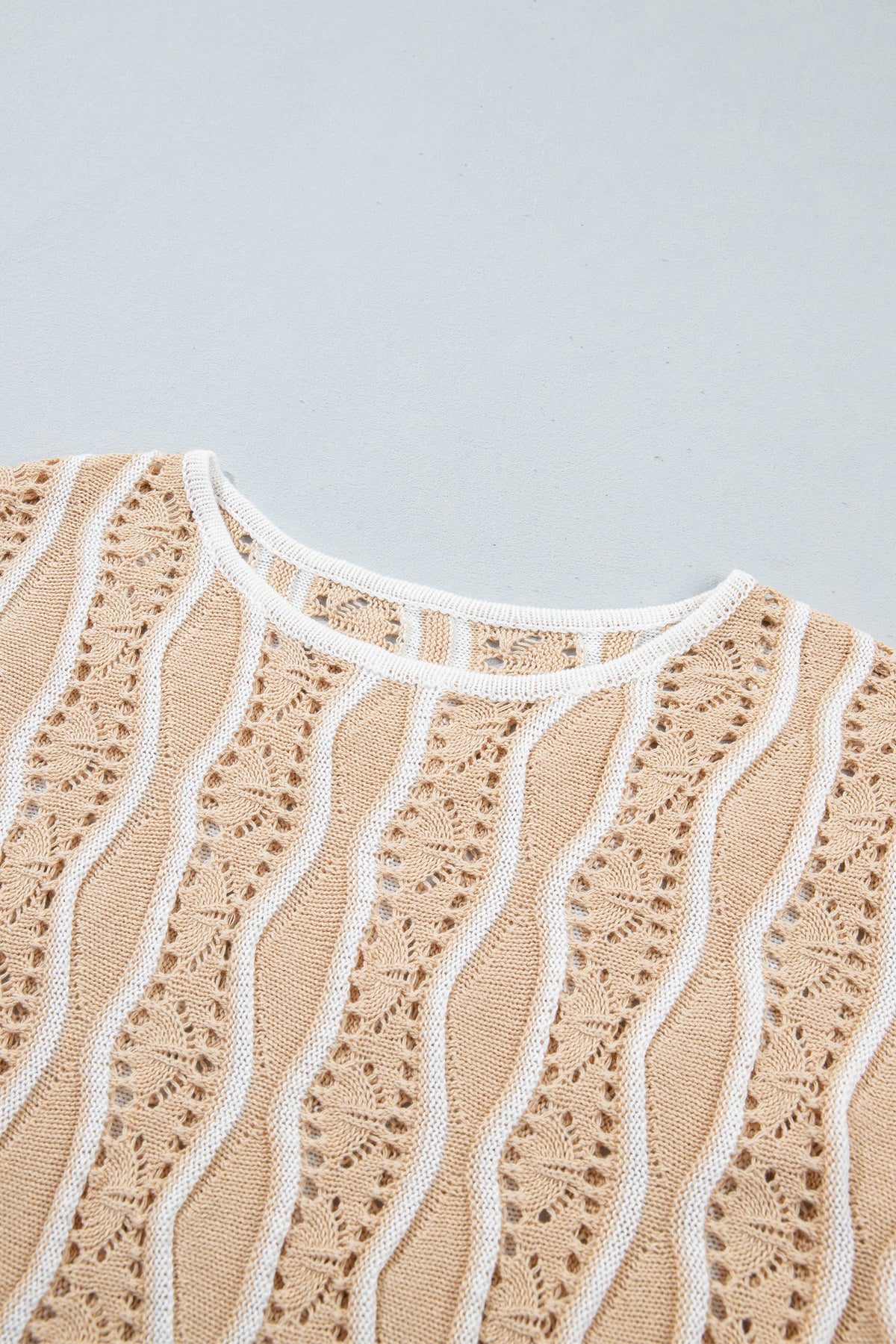 Khaki Wavy Detail Hollow Out Knit Long Sleeve Cotton Pullover Sweater-Sweaters & Cardigans/Sweaters-[Adult]-[Female]-2022 Online Blue Zone Planet