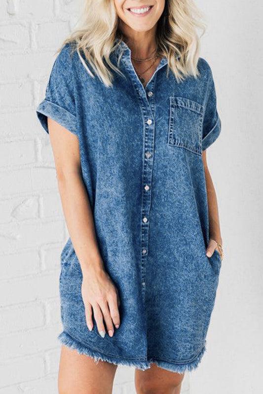 Raw Hem Pocketed Cap Sleeve Denim Dress-TOPS / DRESSES-[Adult]-[Female]-Medium-S-2022 Online Blue Zone Planet