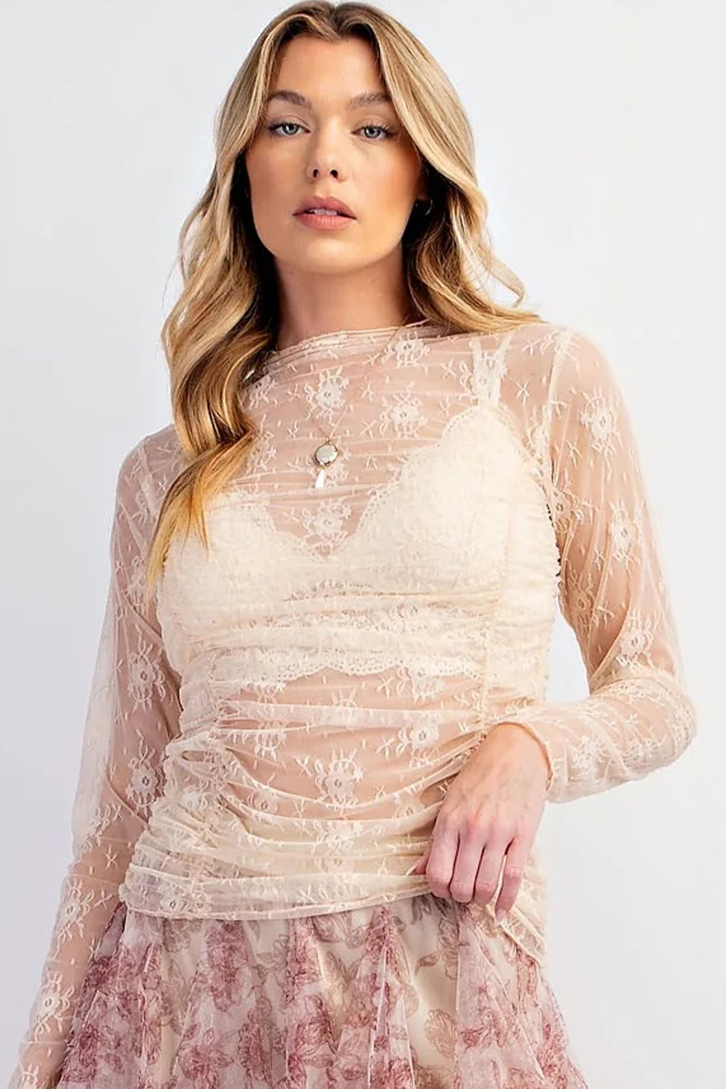 Jet Stream Sheer Floral Mesh Ruched Long Sleeve Top-Tops/Long Sleeve Tops-[Adult]-[Female]-2022 Online Blue Zone Planet