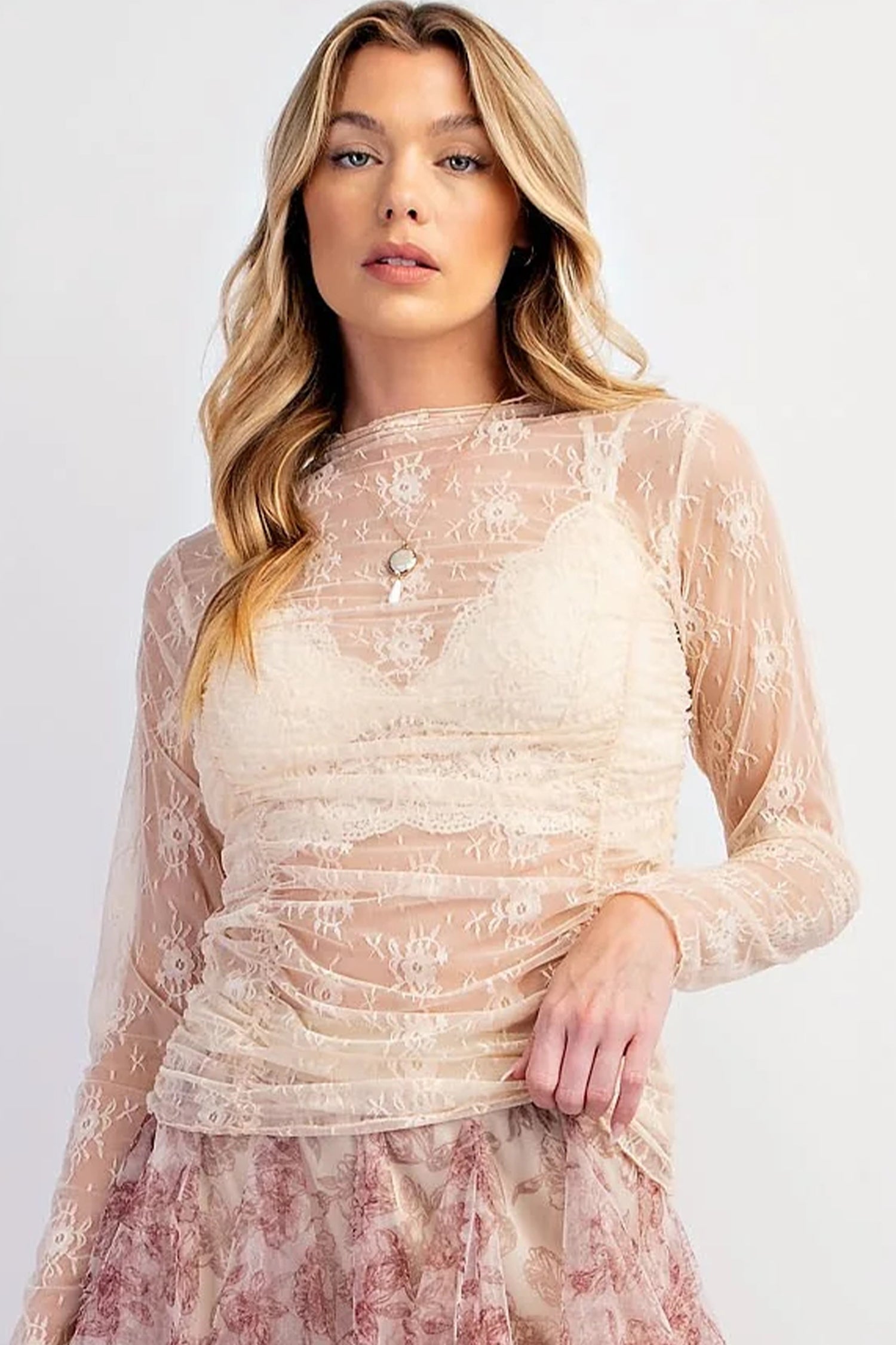 Jet Stream Sheer Floral Mesh Ruched Long Sleeve Top-Tops/Long Sleeve Tops-[Adult]-[Female]-2022 Online Blue Zone Planet