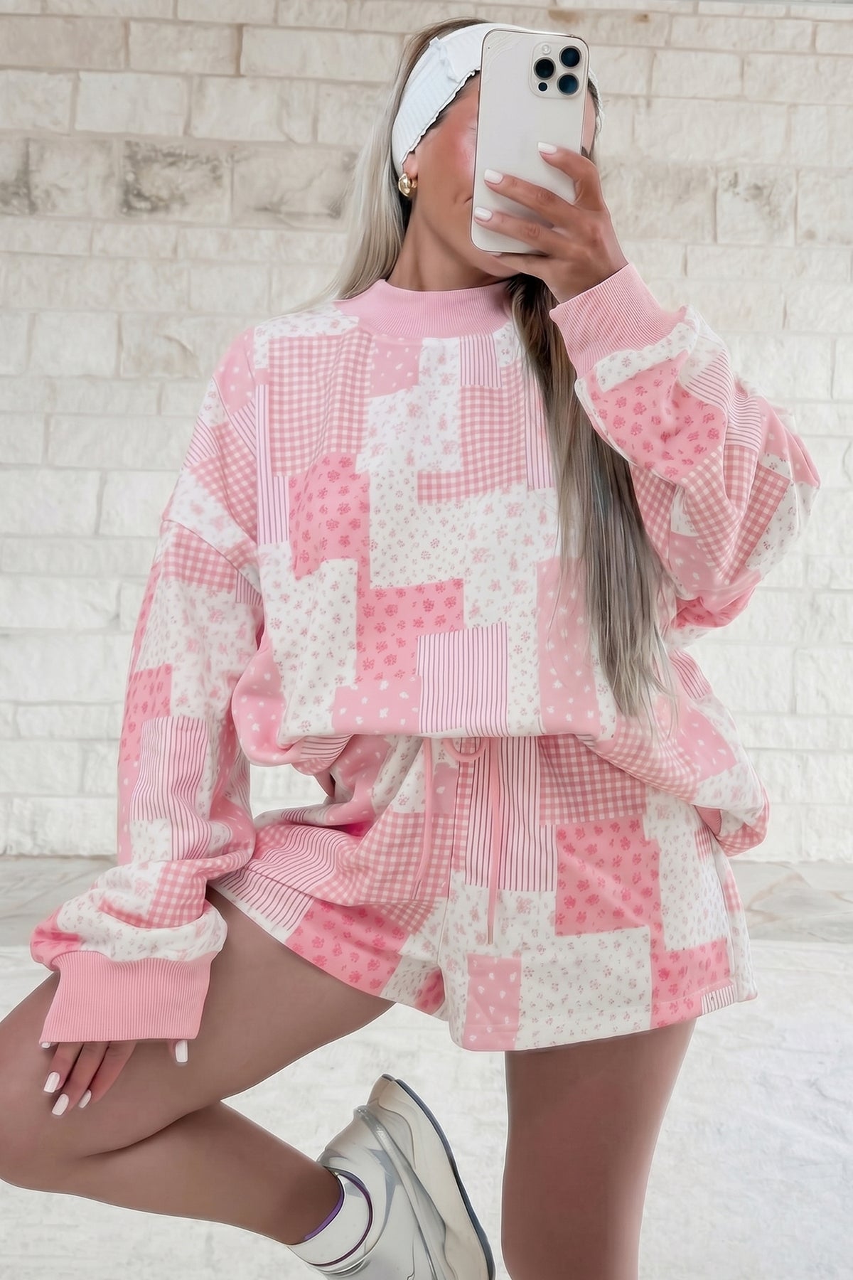 Light Pink Patchwork Floral Print Drop Shoulder Baggy Pullover Drawstring Shorts Set-Two Piece Sets/Short Sets-[Adult]-[Female]-2022 Online Blue Zone Planet