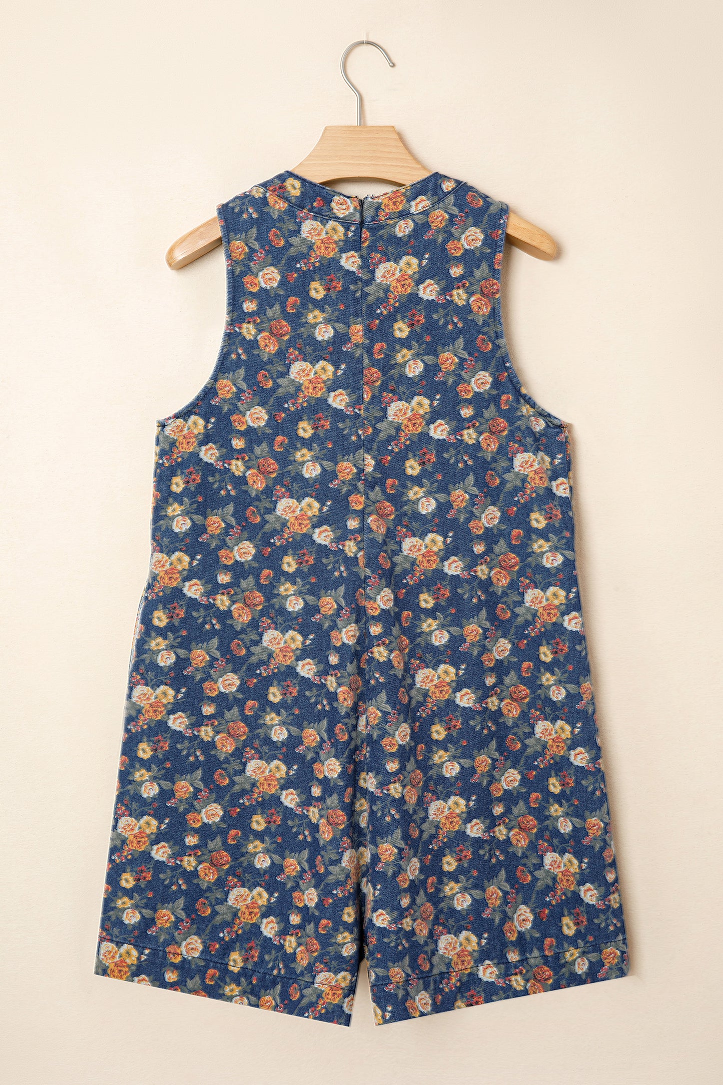Blue Retro Floral Print Bow Tie V Neck Sleeveless Pleated Loose Denim Romper-Bottoms/Jumpsuits & Rompers-[Adult]-[Female]-2022 Online Blue Zone Planet