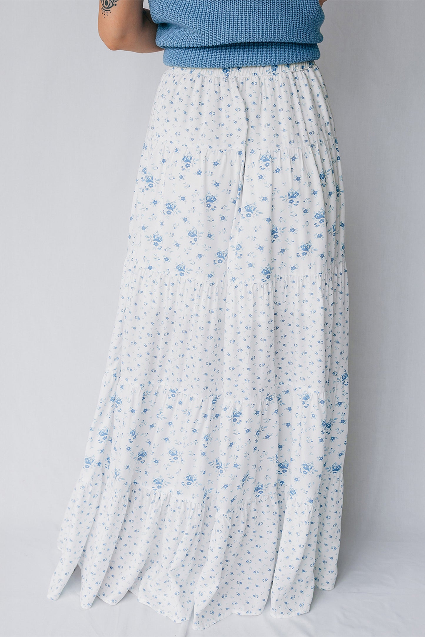 Sky Blue High Waist Tiny Floral Print Boho Maxi Skirt-Bottoms/Skirts & Petticoat-[Adult]-[Female]-2022 Online Blue Zone Planet