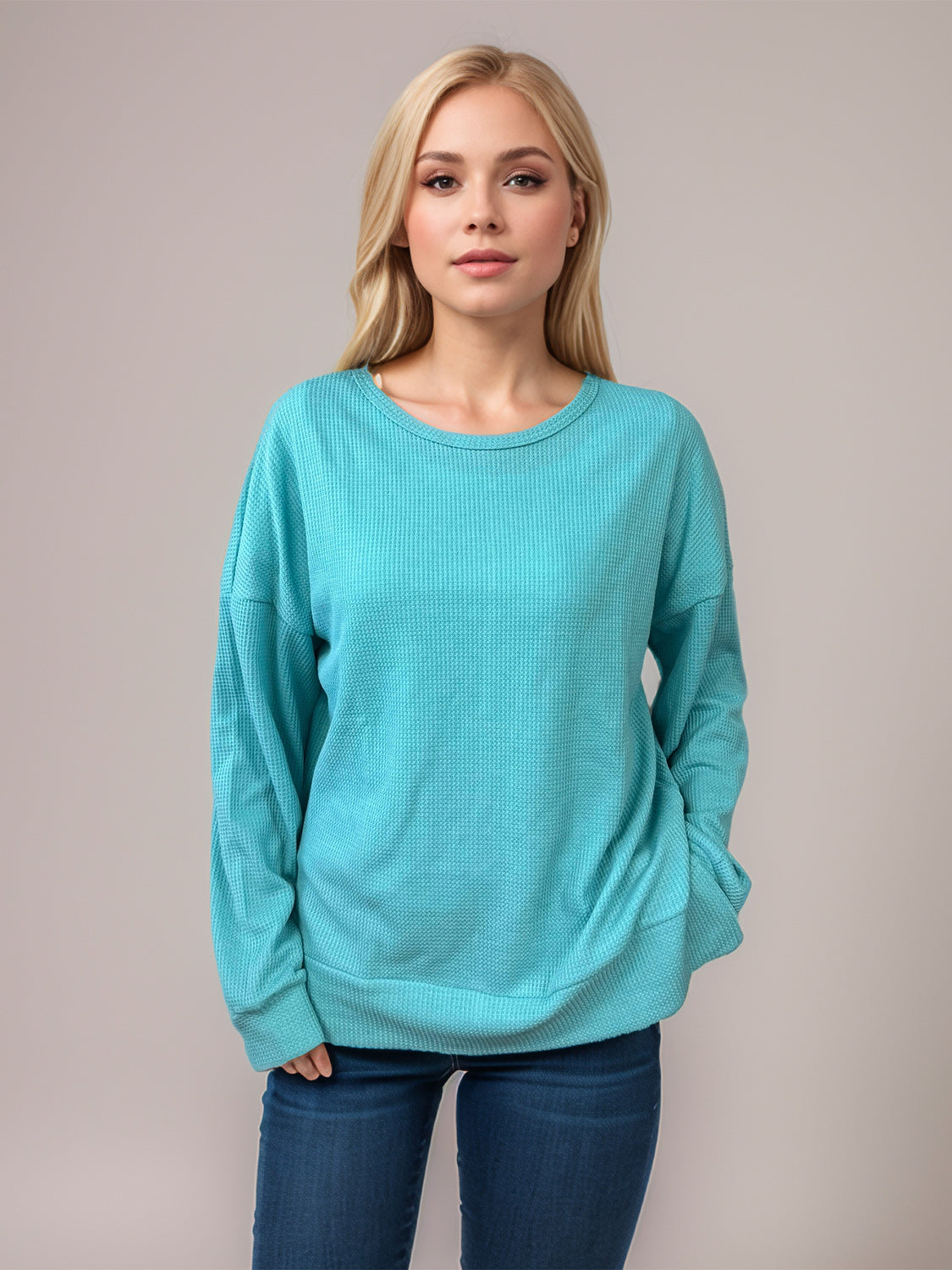 Blue Zone Planet | Side Slit Round Neck Long Sleeve T-Shirt-TOPS / DRESSES-[Adult]-[Female]-Pastel Blue-S-2022 Online Blue Zone Planet