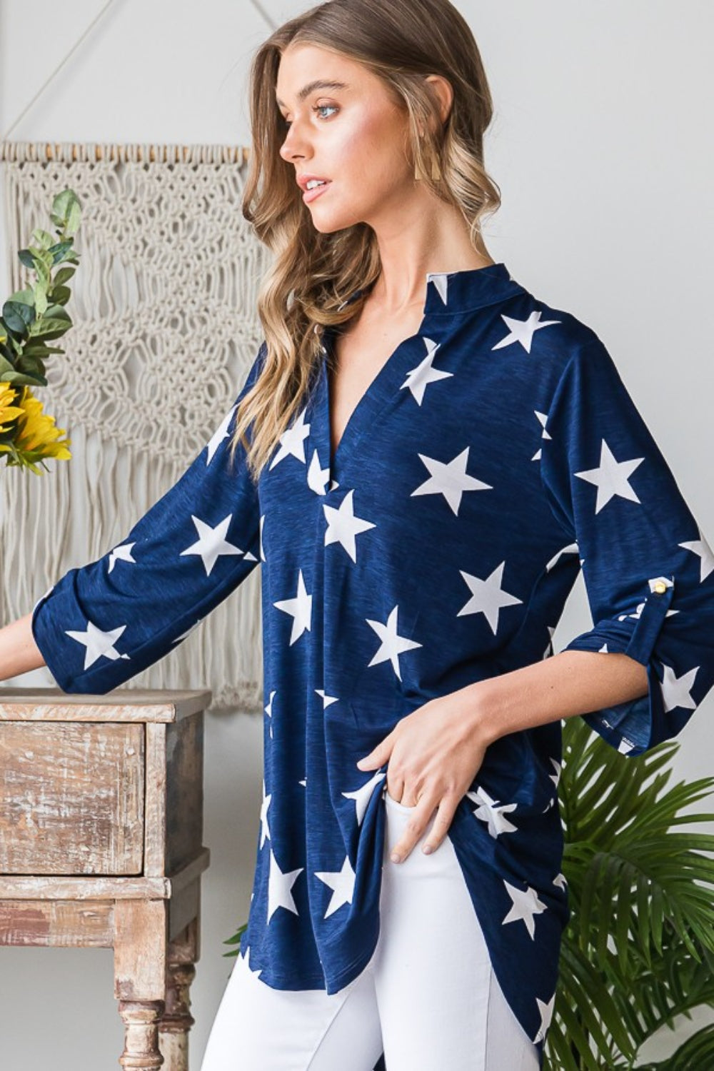 Blue Zone Planet | Heimish Full Size Roll-Tab Sleeve Star Print Top-TOPS / DRESSES-[Adult]-[Female]-2022 Online Blue Zone Planet