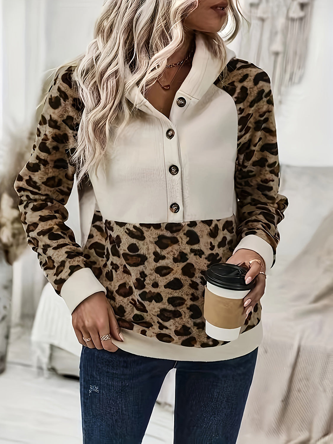 Blue Zone Planet | Leopard Half Button Long Sleeve Hoodie-TOPS / DRESSES-[Adult]-[Female]-2022 Online Blue Zone Planet