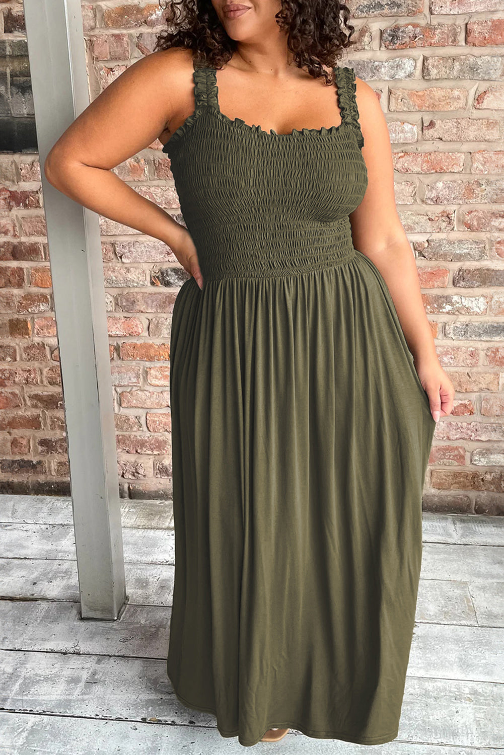 Jungle Green Shirred Bust Sleeveless Plus Size Maxi Dress-Plus Size/Plus Size Dresses/Plus Size Maxi Dresses-[Adult]-[Female]-Jungle Green-1X-2022 Online Blue Zone Planet