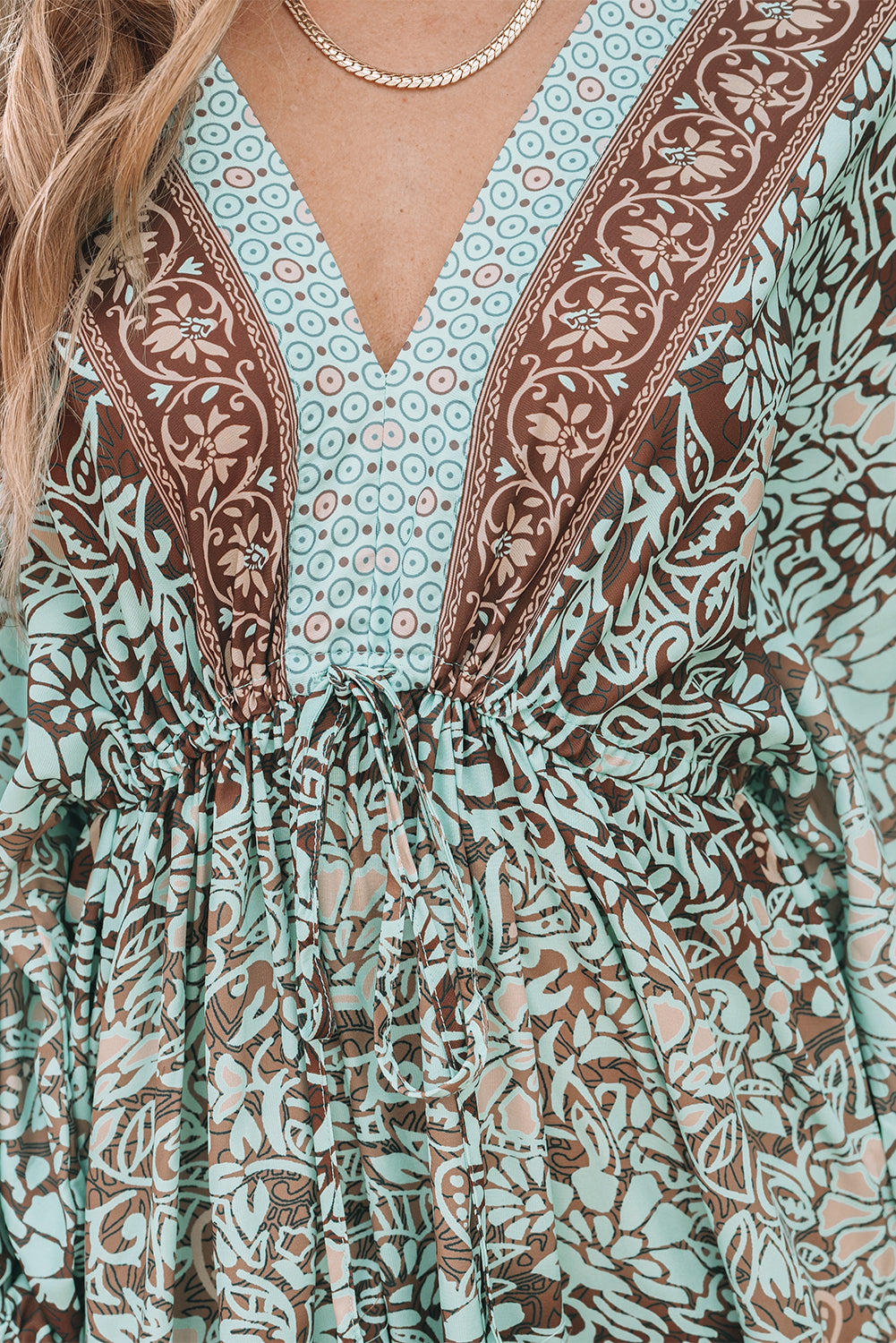 Blue Zone Planet | Green Boho Floral Print Lace-up Open Back High Waist Maxi Dress-TOPS / DRESSES-[Adult]-[Female]-2022 Online Blue Zone Planet