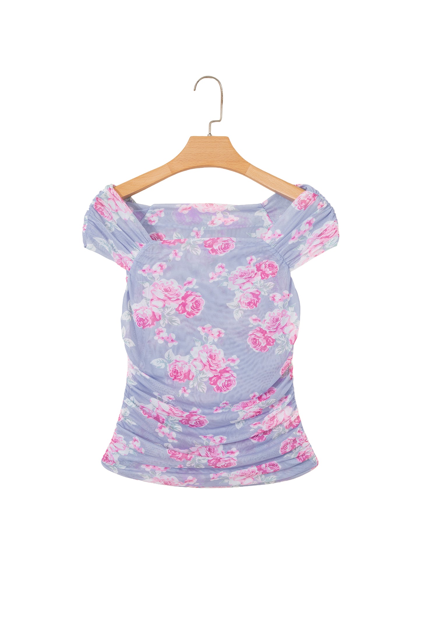 Sky Blue Square Neck Cap Sleeve Ruched Floral Mesh Top-Tops/Tops & Tees-[Adult]-[Female]-2022 Online Blue Zone Planet