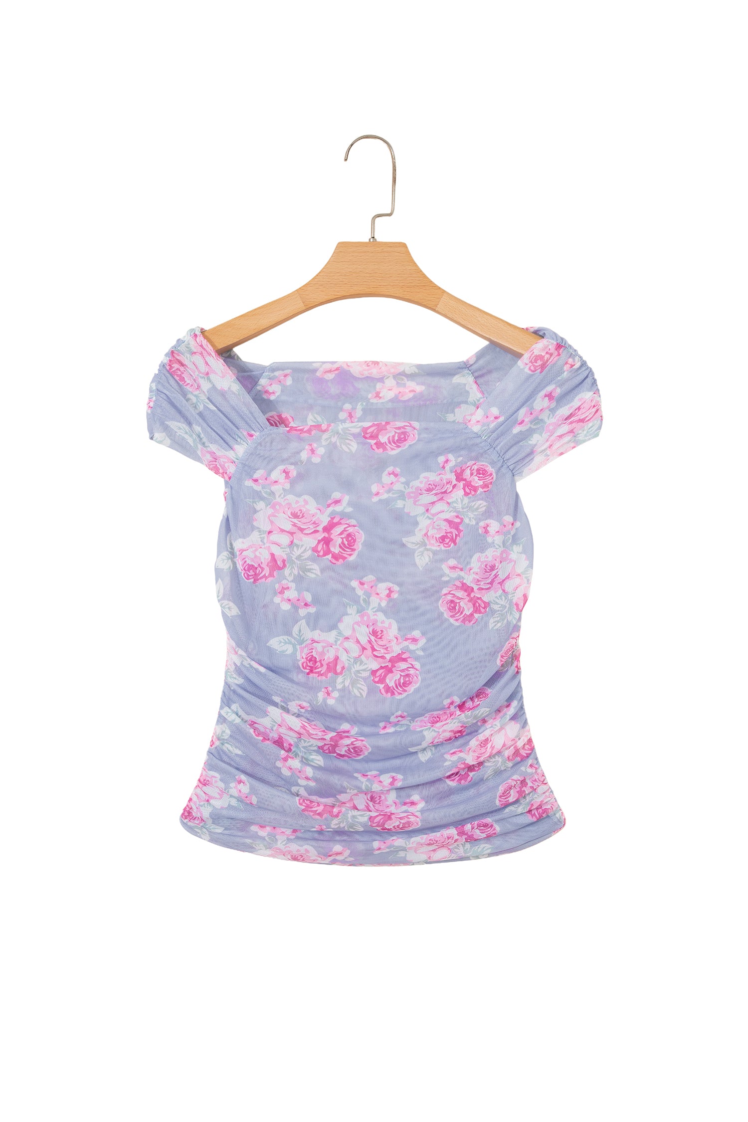 Sky Blue Square Neck Cap Sleeve Ruched Floral Mesh Top-Tops/Tops & Tees-[Adult]-[Female]-2022 Online Blue Zone Planet