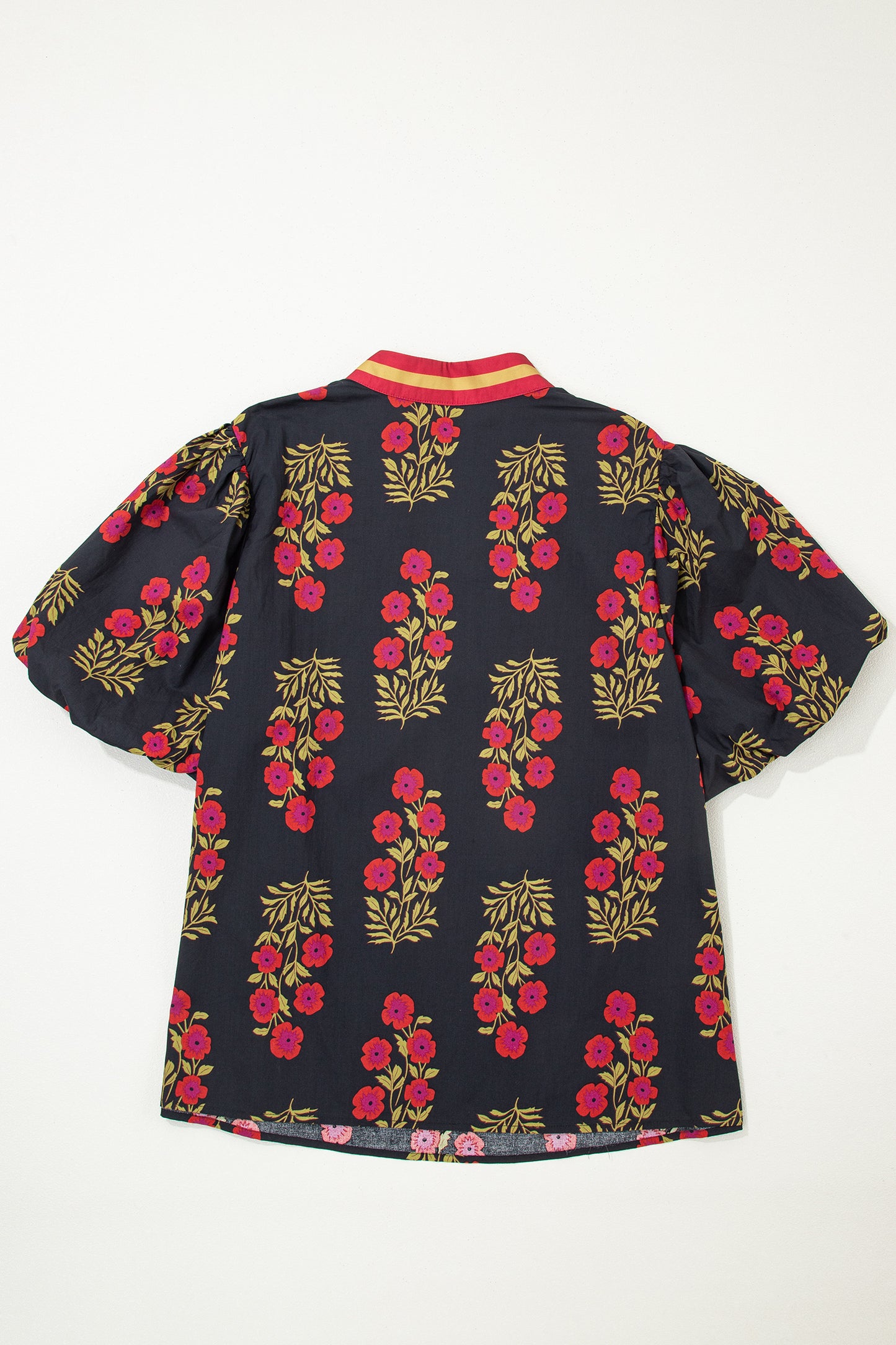 Black Plus Size Floral Print Ricrac Striped Trim Short Sleeve Cotton Blouse-Plus Size/Plus Size Tops/Plus Size Blouses & Shirts-[Adult]-[Female]-2022 Online Blue Zone Planet